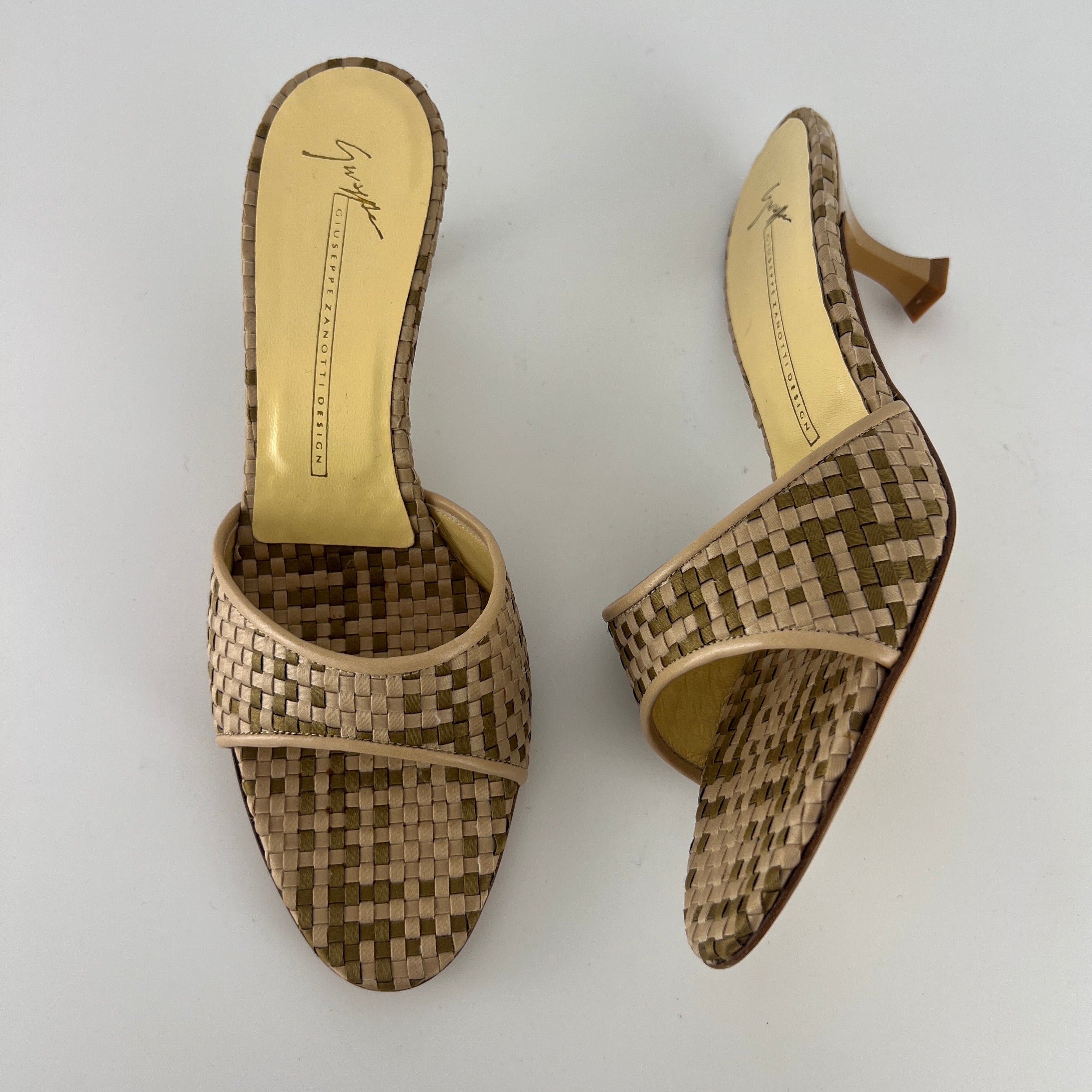 Giuseppe Zanotti | Beige Woven Intrecciato Mid Heel Open Toe Mules (38)