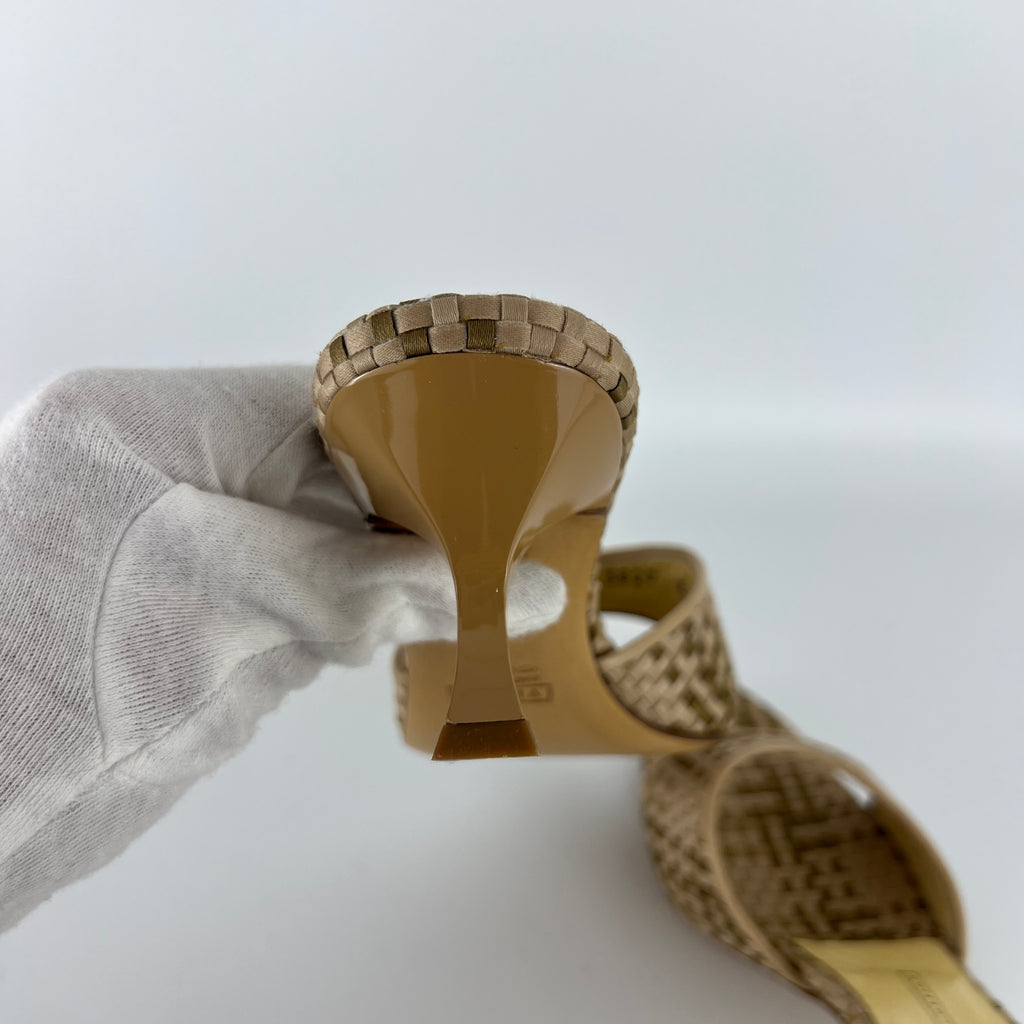 Giuseppe Zanotti | Beige Woven Intrecciato Mid Heel Open Toe Mules (38)