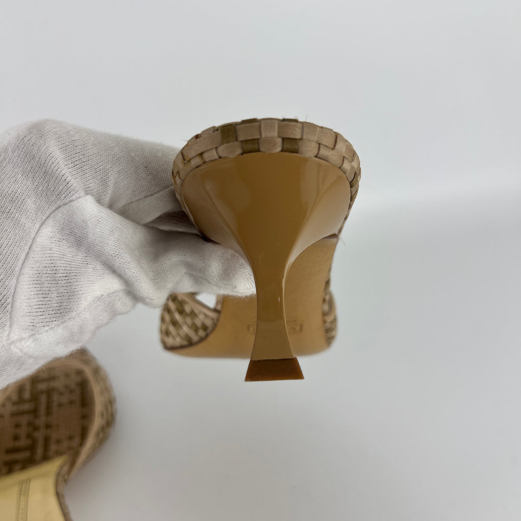 Giuseppe Zanotti | Beige Woven Intrecciato Mid Heel Open Toe Mules (38)
