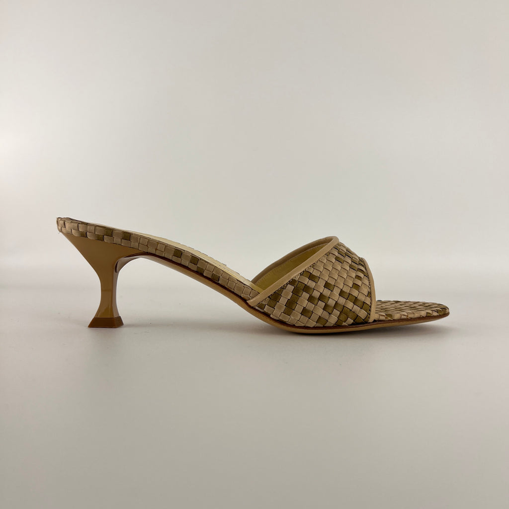 Giuseppe Zanotti | Beige Woven Intrecciato Mid Heel Open Toe Mules (38)