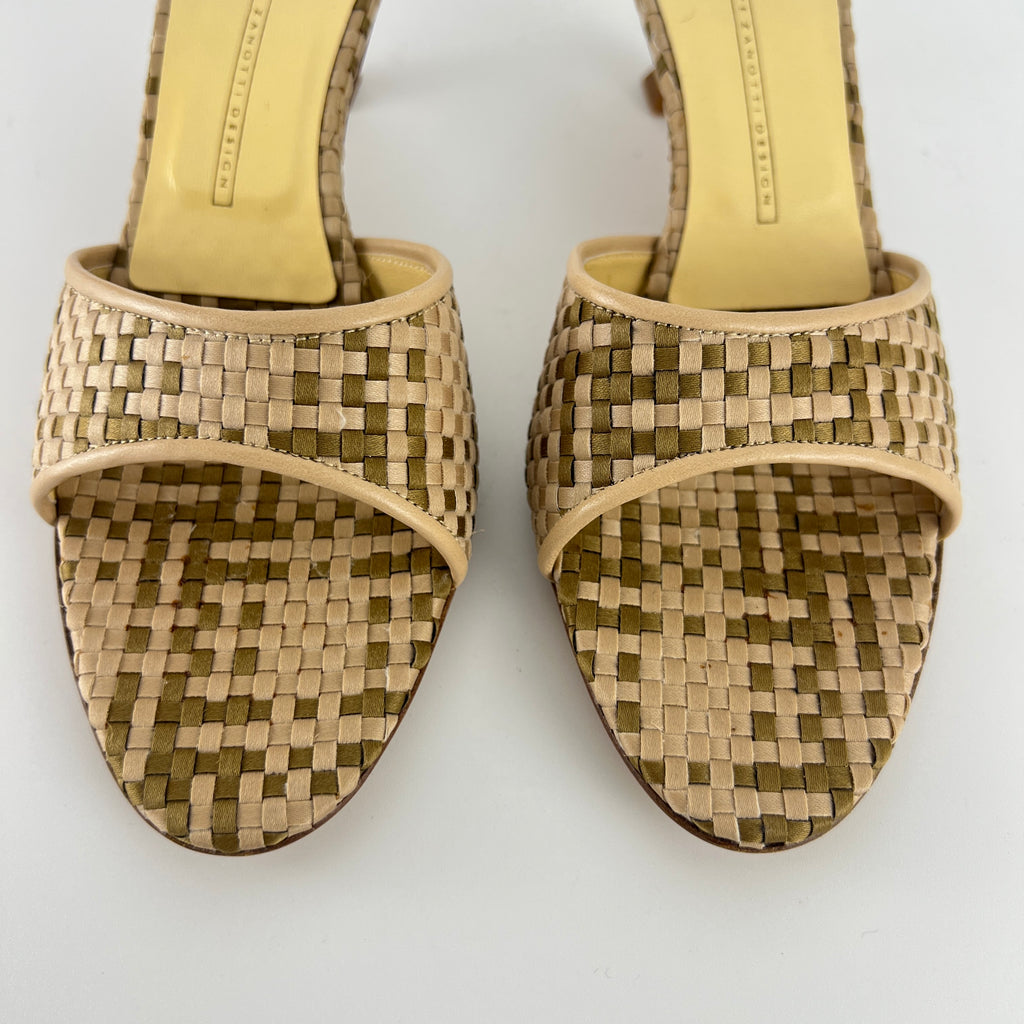 Giuseppe Zanotti | Beige Woven Intrecciato Mid Heel Open Toe Mules (38)