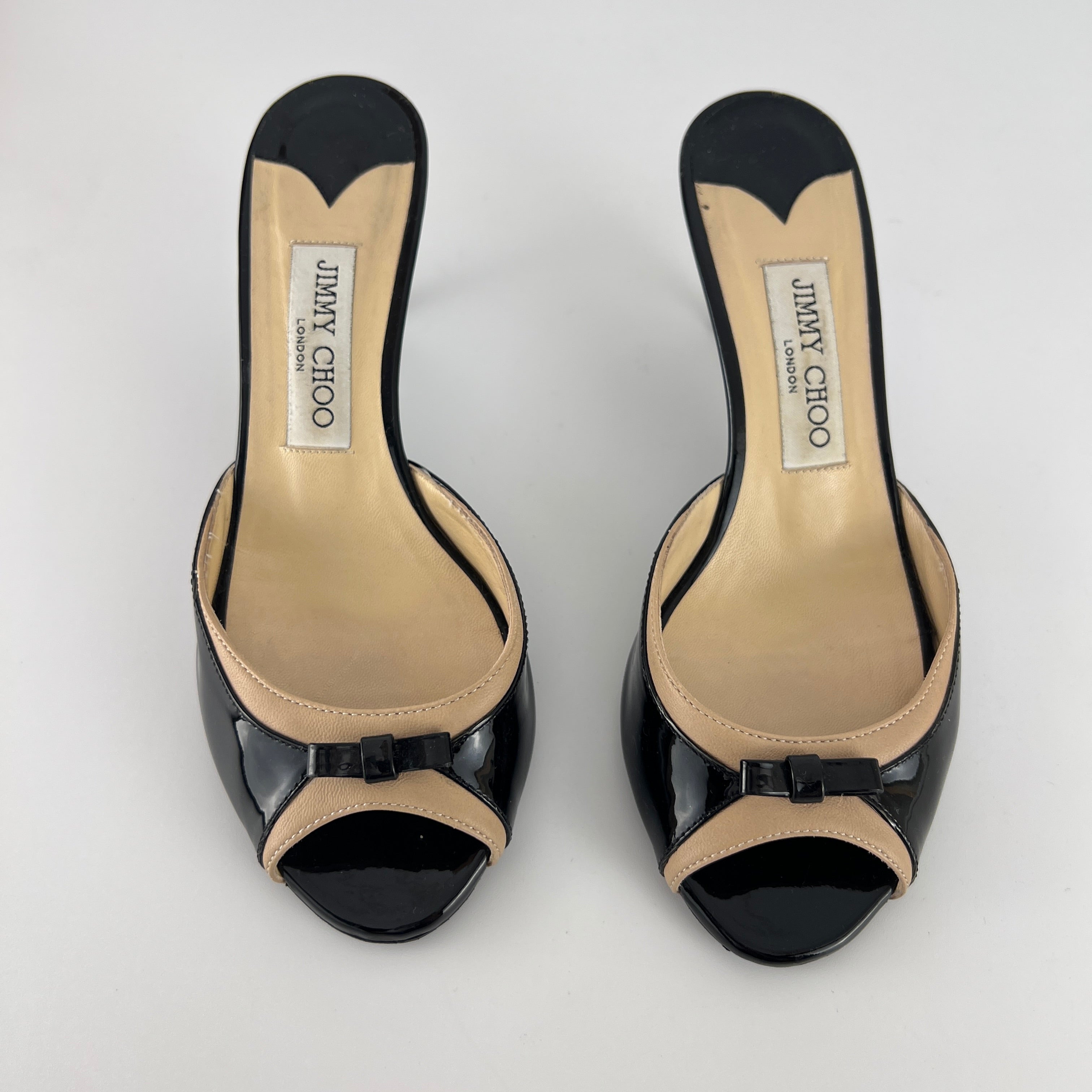 Jimmy Choo | Black Patent Leather Dainty Bow Black Tan Mules (36.5)