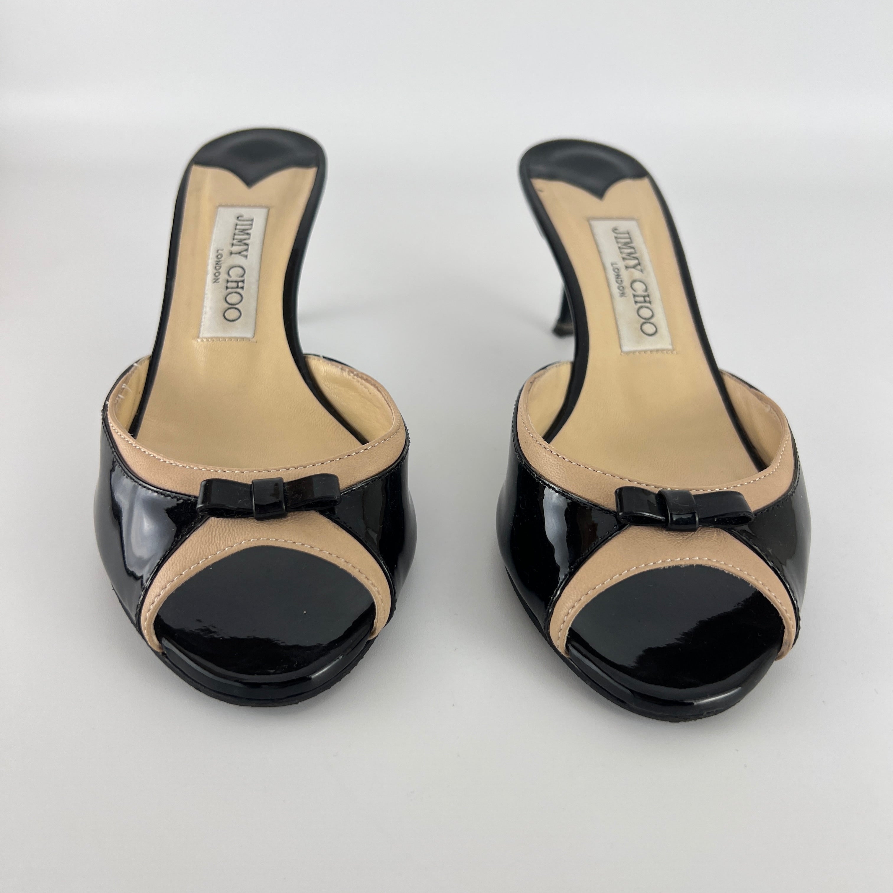 Jimmy Choo | Black Patent Leather Dainty Bow Black Tan Mules (36.5)