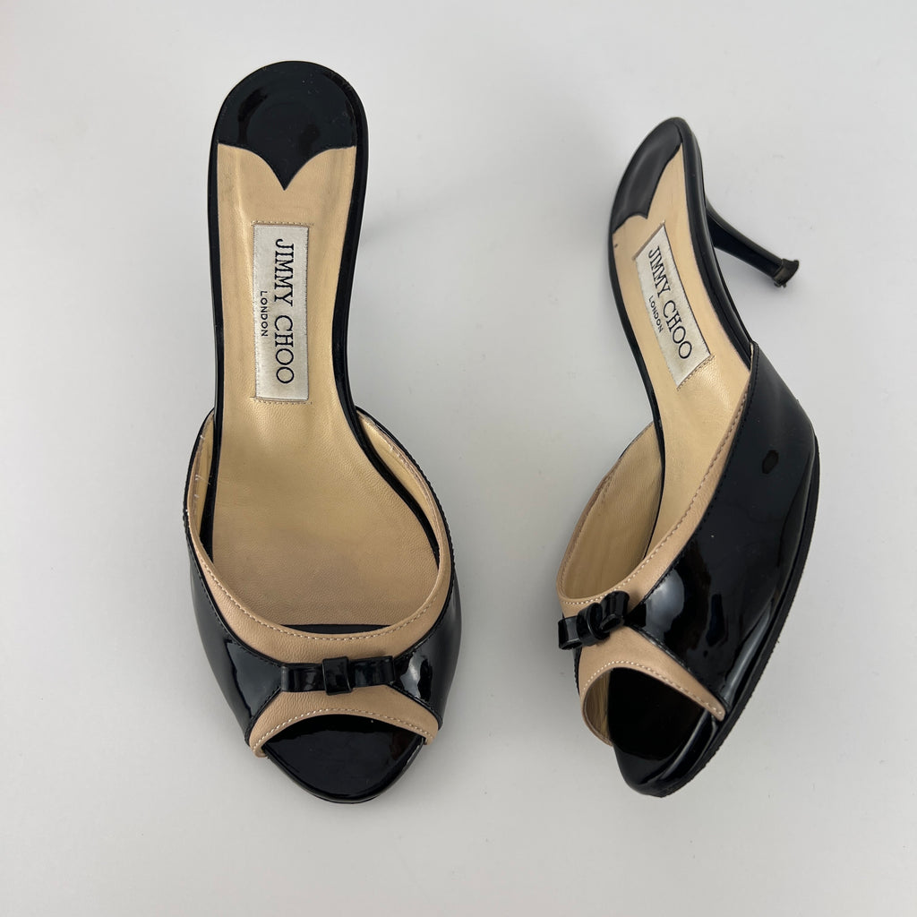 Jimmy Choo | Black Patent Leather Dainty Bow Black Tan Mules (36.5)