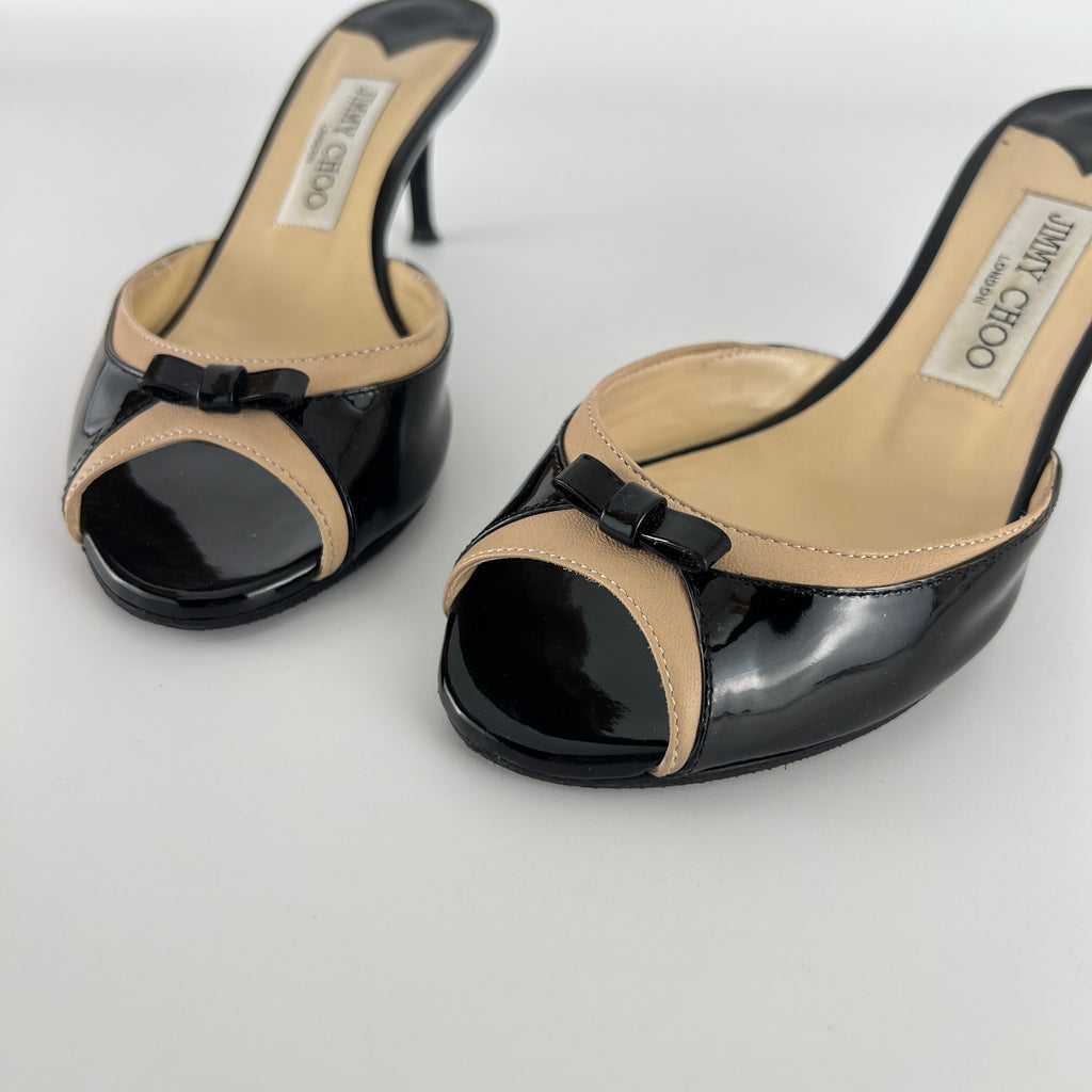 Jimmy Choo | Black Patent Leather Dainty Bow Black Tan Mules (36.5)
