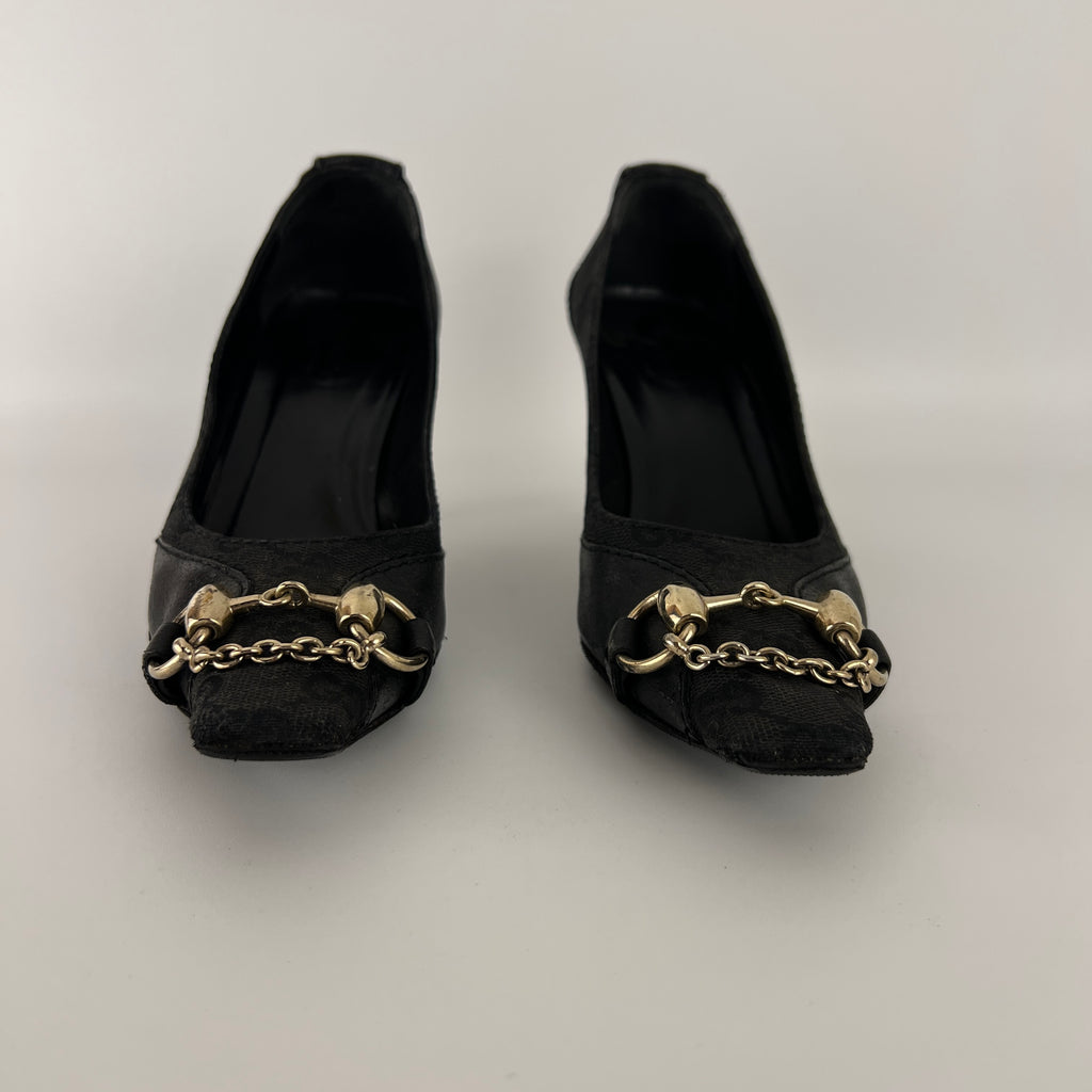 Gucci | Vintage Tom Ford Era Black GG Monogram Canvas Gold Horse Bit Pumps (35)