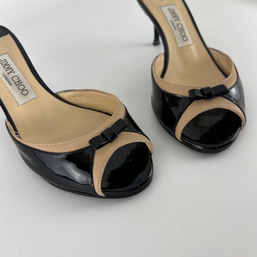 Jimmy Choo | Black Patent Leather Dainty Bow Black Tan Mules (36.5)