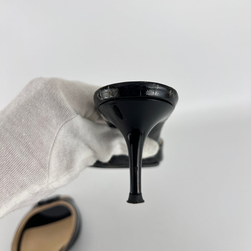 Jimmy Choo | Black Patent Leather Dainty Bow Black Tan Mules (36.5)