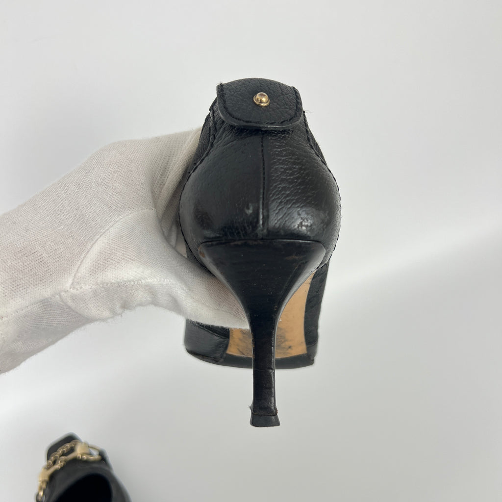 Gucci | Vintage Tom Ford Era Black GG Monogram Canvas Gold Horse Bit Pumps (35)