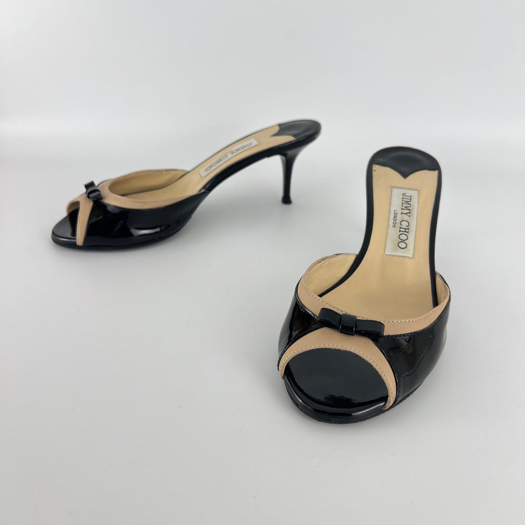 Jimmy Choo | Black Patent Leather Dainty Bow Black Tan Mules (36.5)