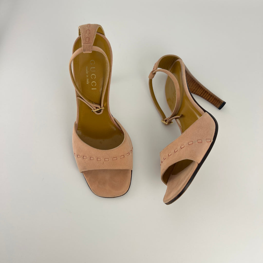 Gucci | Dusty Baby Pink Suede Leather Top Stitch Ankle Wrap Heels (7C / 37)