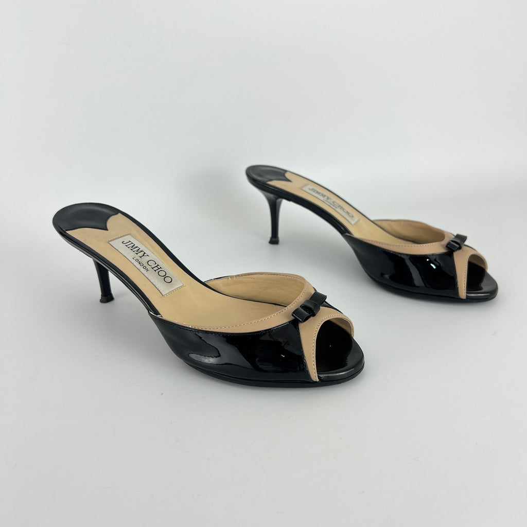 Jimmy Choo | Black Patent Leather Dainty Bow Black Tan Mules (36.5)