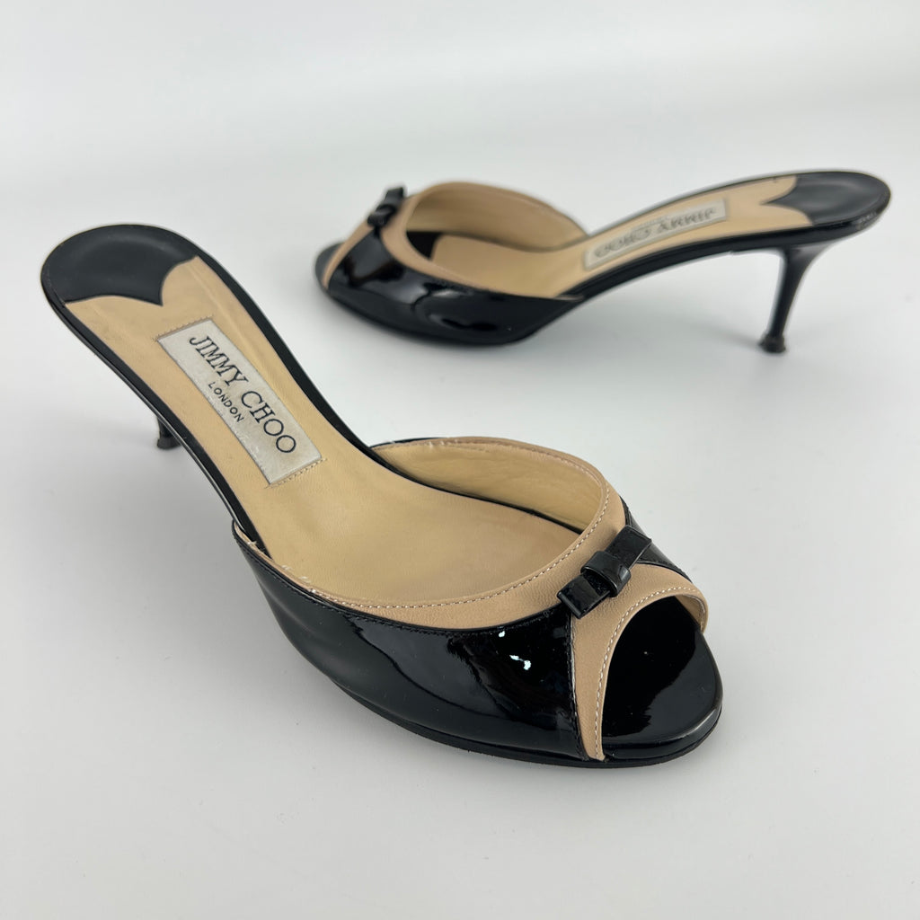 Jimmy Choo | Black Patent Leather Dainty Bow Black Tan Mules (36.5)
