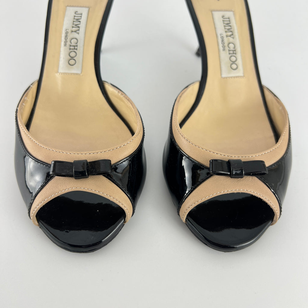 Jimmy Choo | Black Patent Leather Dainty Bow Black Tan Mules (36.5)
