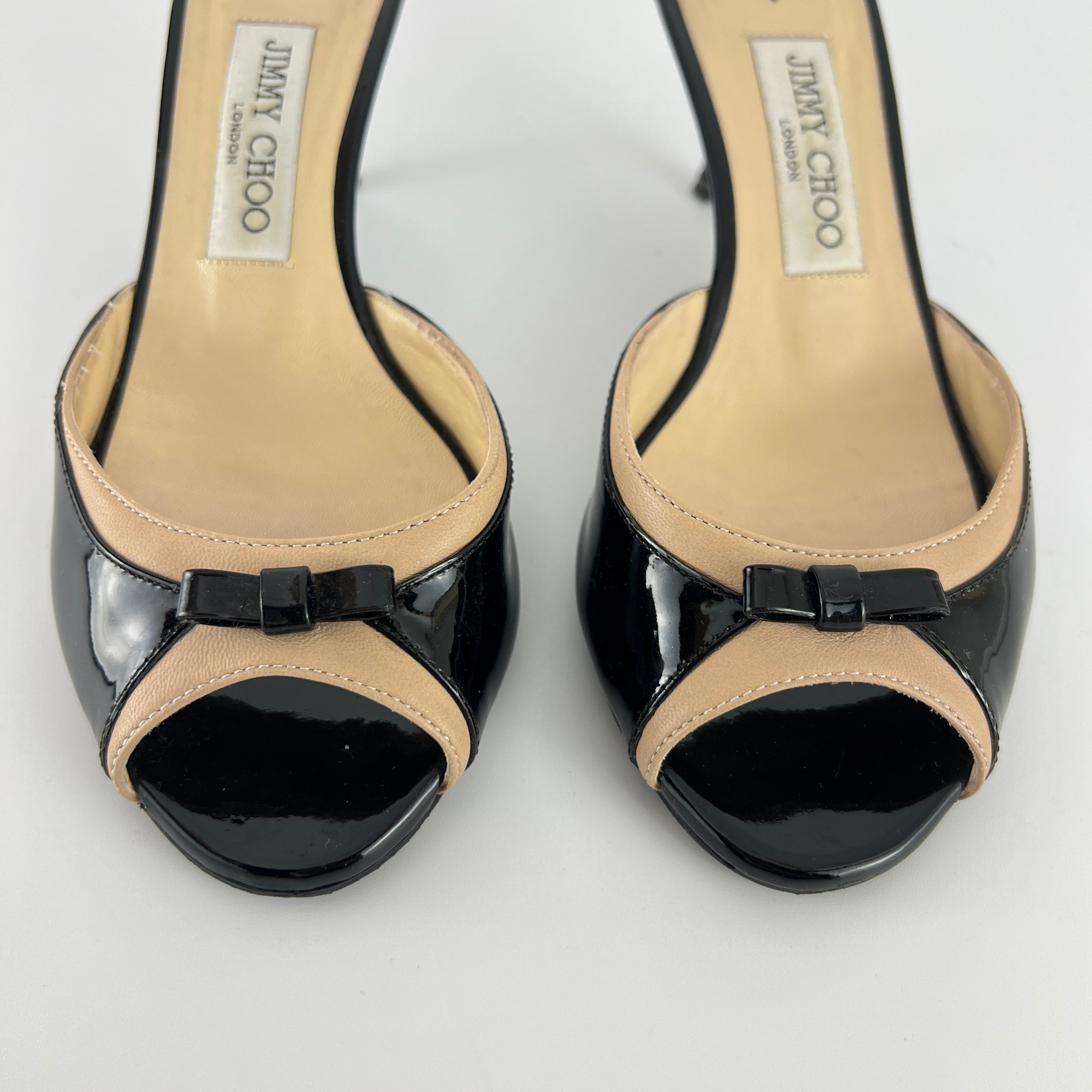 Jimmy Choo | Black Patent Leather Dainty Bow Black Tan Mules (36.5)
