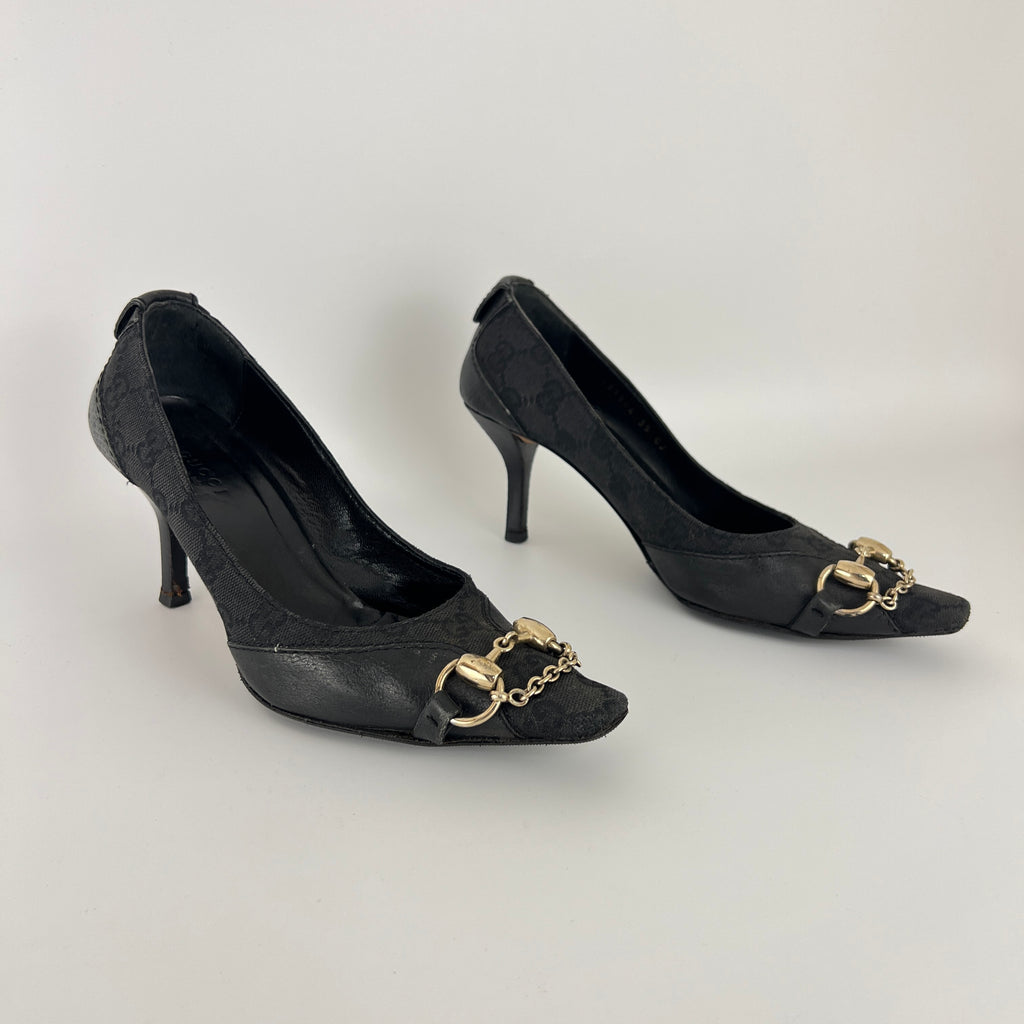 Gucci | Vintage Tom Ford Era Black GG Monogram Canvas Gold Horse Bit Pumps (35)