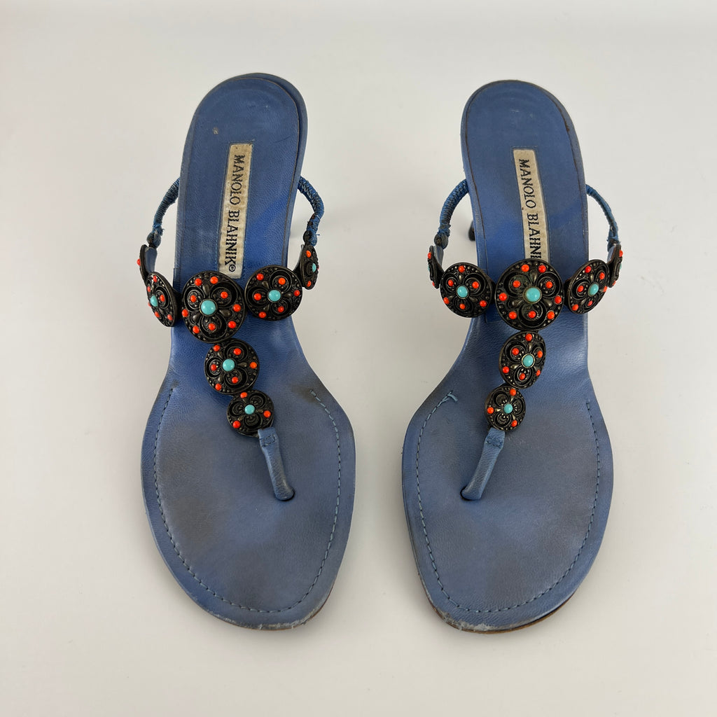 Manolo Blahnik | Blue Thong Turquoise Gem Metal Details Heels (36.5)