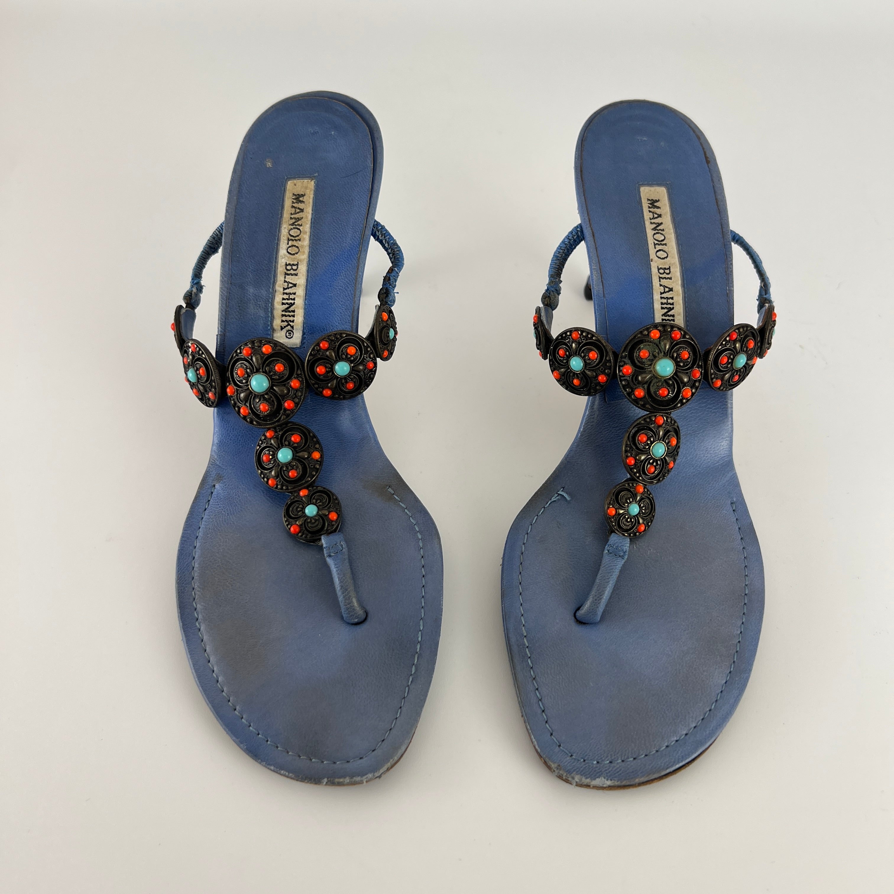 Manolo Blahnik | Blue Thong Turquoise Gem Metal Details Heels (36.5)