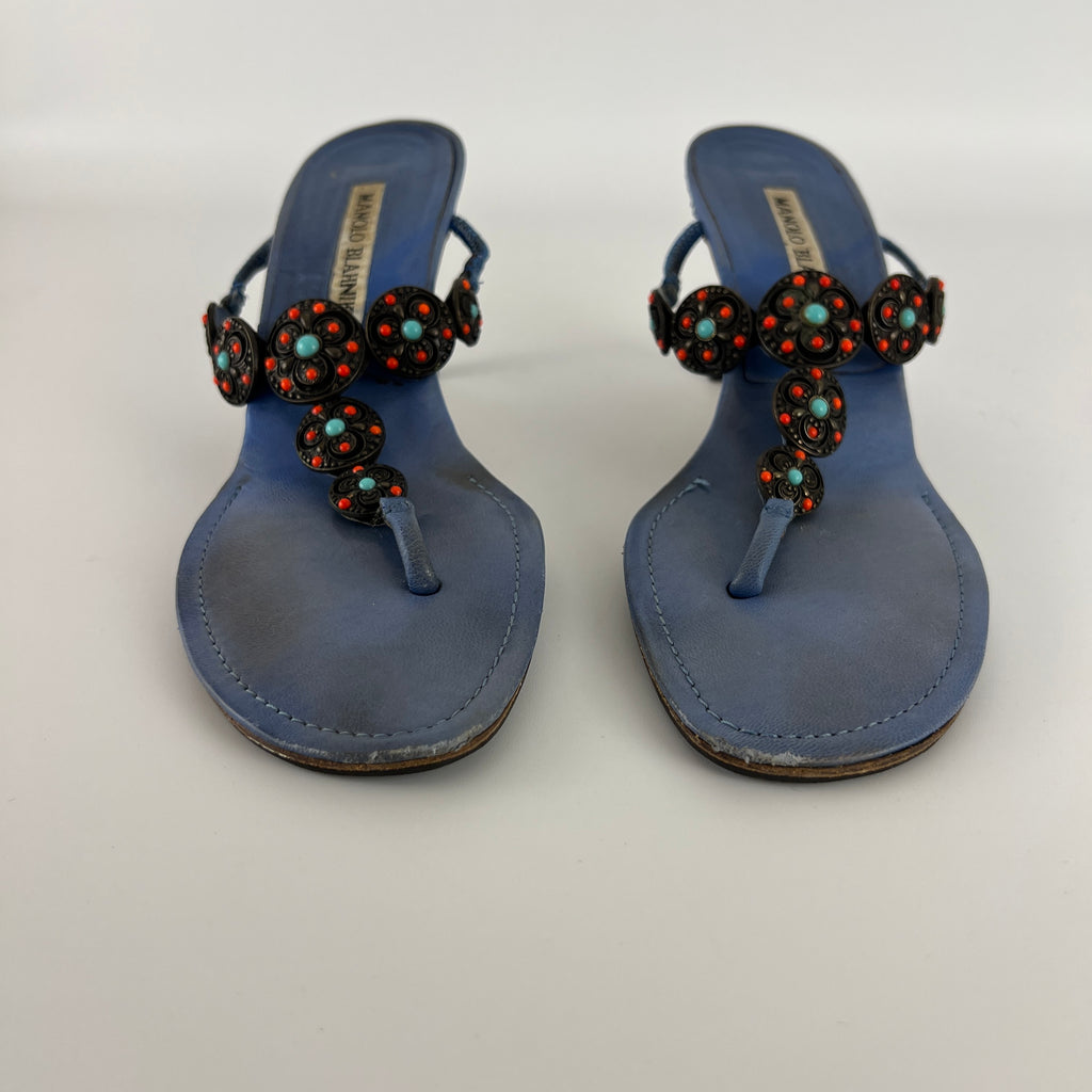Manolo Blahnik | Blue Thong Turquoise Gem Metal Details Heels (36.5)