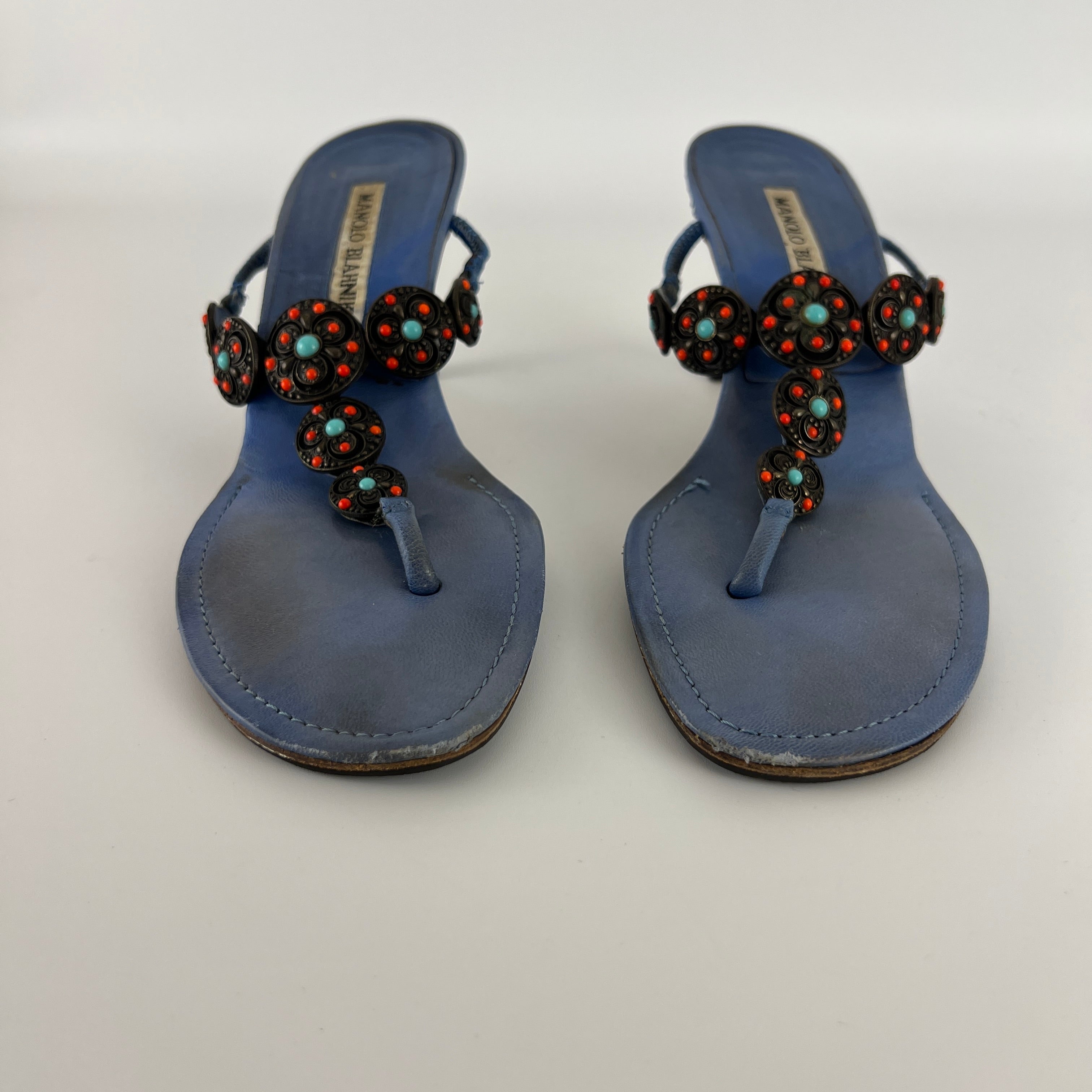 Manolo Blahnik | Blue Thong Turquoise Gem Metal Details Heels (36.5)
