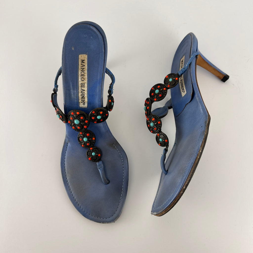 Manolo Blahnik | Blue Thong Turquoise Gem Metal Details Heels (36.5)
