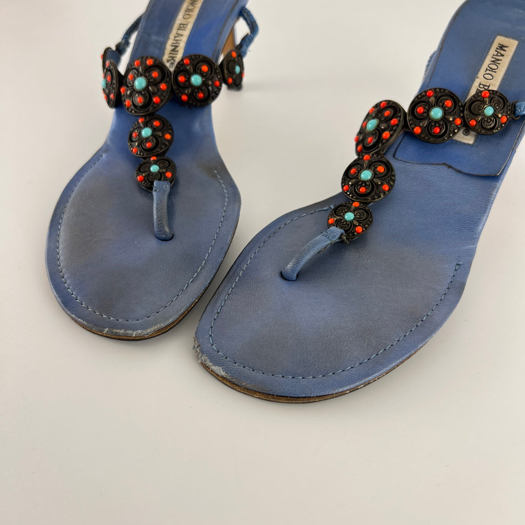 Manolo Blahnik | Blue Thong Turquoise Gem Metal Details Heels (36.5)