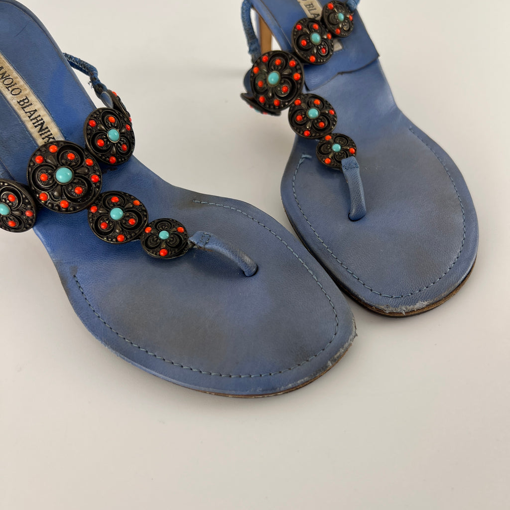 Manolo Blahnik | Blue Thong Turquoise Gem Metal Details Heels (36.5)