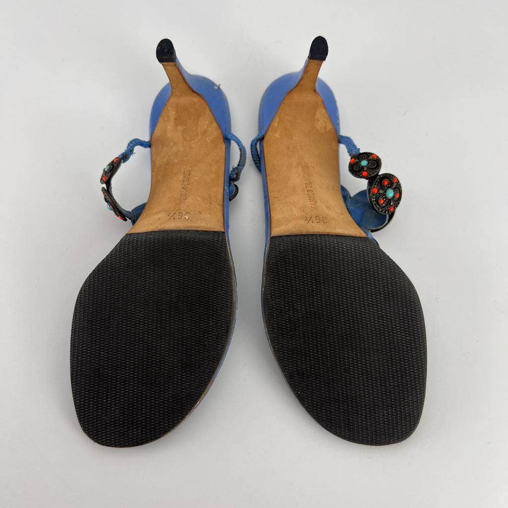 Manolo Blahnik | Blue Thong Turquoise Gem Metal Details Heels (36.5)