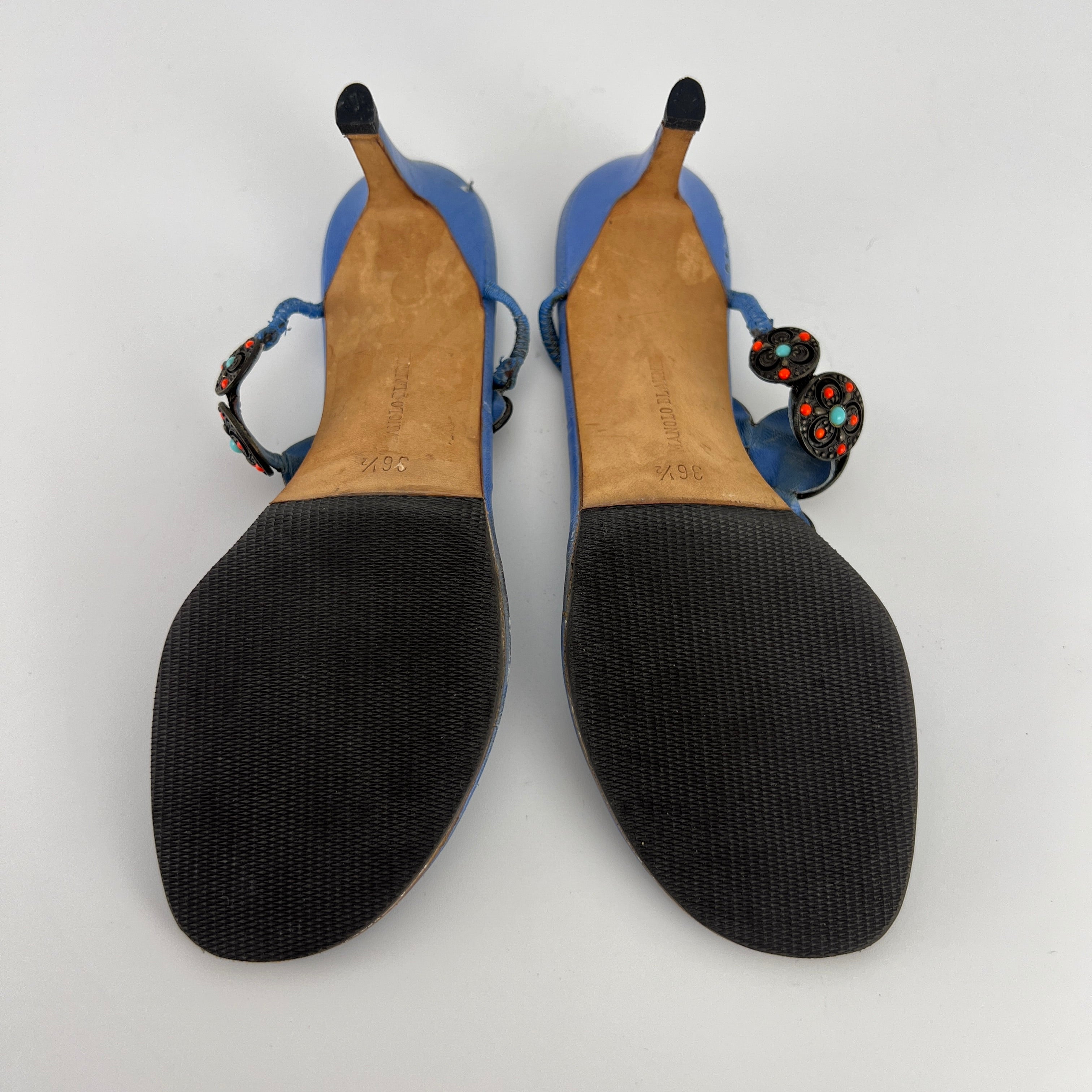 Manolo Blahnik | Blue Thong Turquoise Gem Metal Details Heels (36.5)
