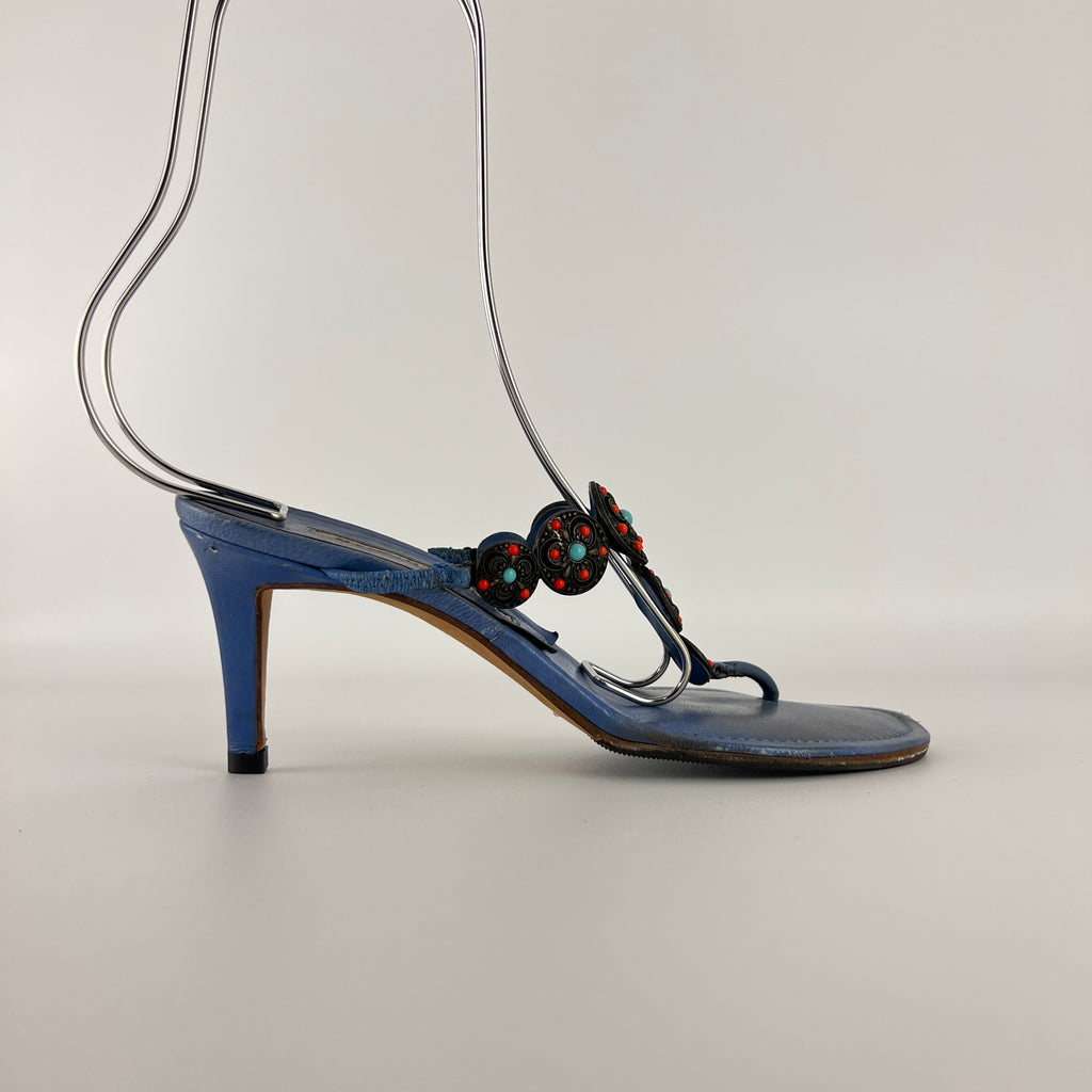 Manolo Blahnik | Blue Thong Turquoise Gem Metal Details Heels (36.5)