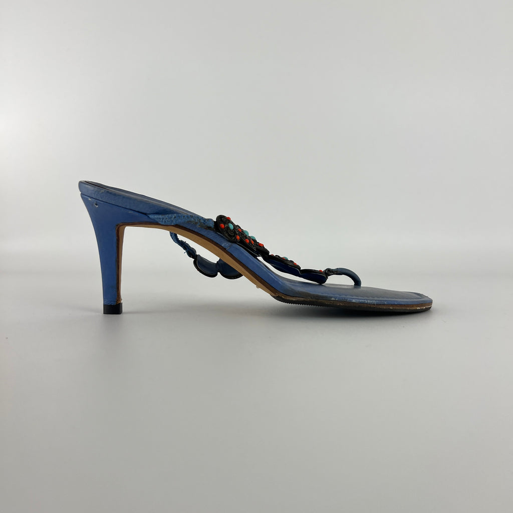 Manolo Blahnik | Blue Thong Turquoise Gem Metal Details Heels (36.5)