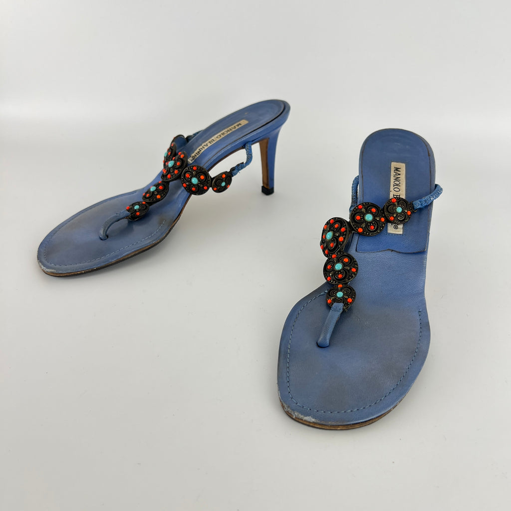 Manolo Blahnik | Blue Thong Turquoise Gem Metal Details Heels (36.5)