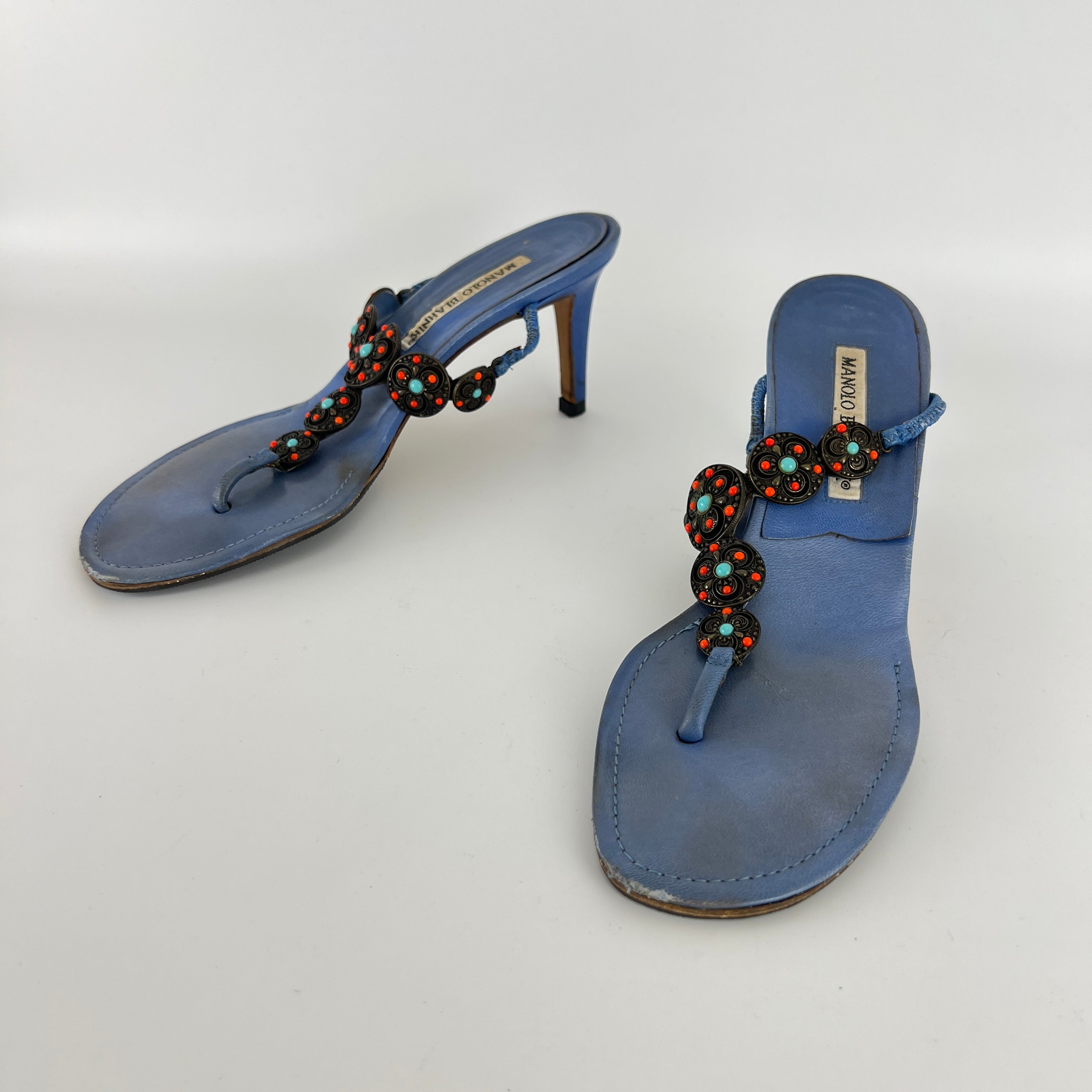 Manolo Blahnik | Blue Thong Turquoise Gem Metal Details Heels (36.5)