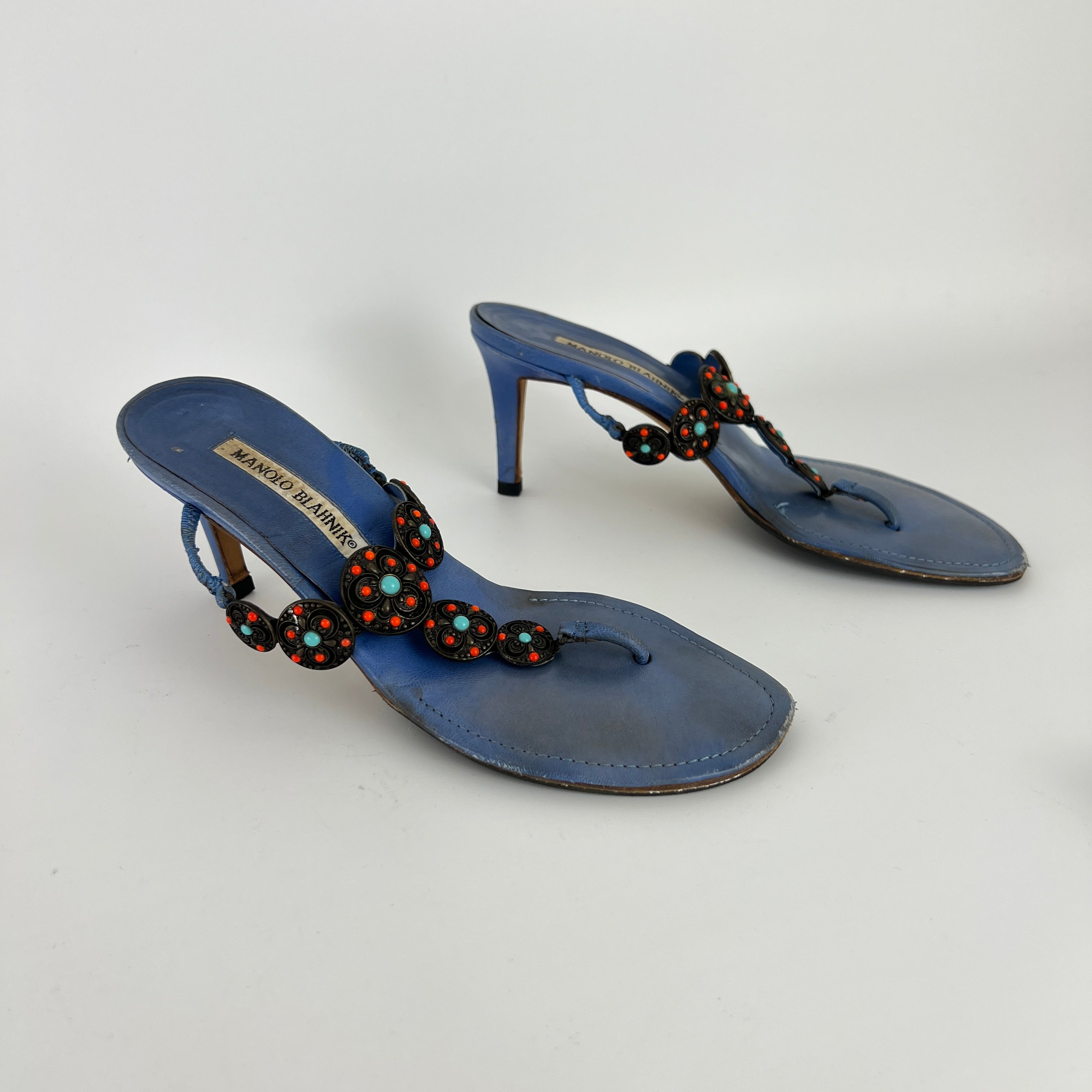 Manolo Blahnik | Blue Thong Turquoise Gem Metal Details Heels (36.5)