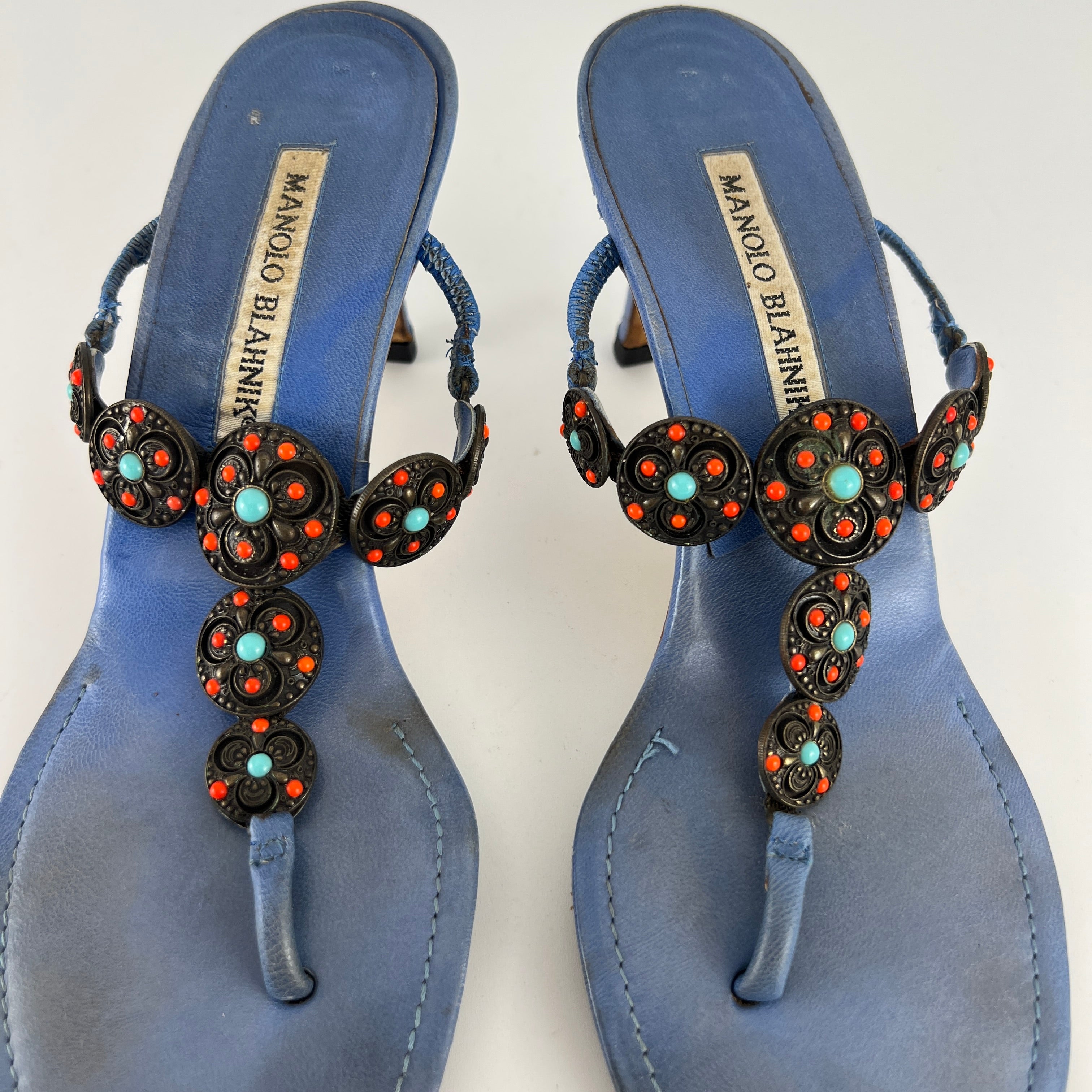 Manolo Blahnik | Blue Thong Turquoise Gem Metal Details Heels (36.5)
