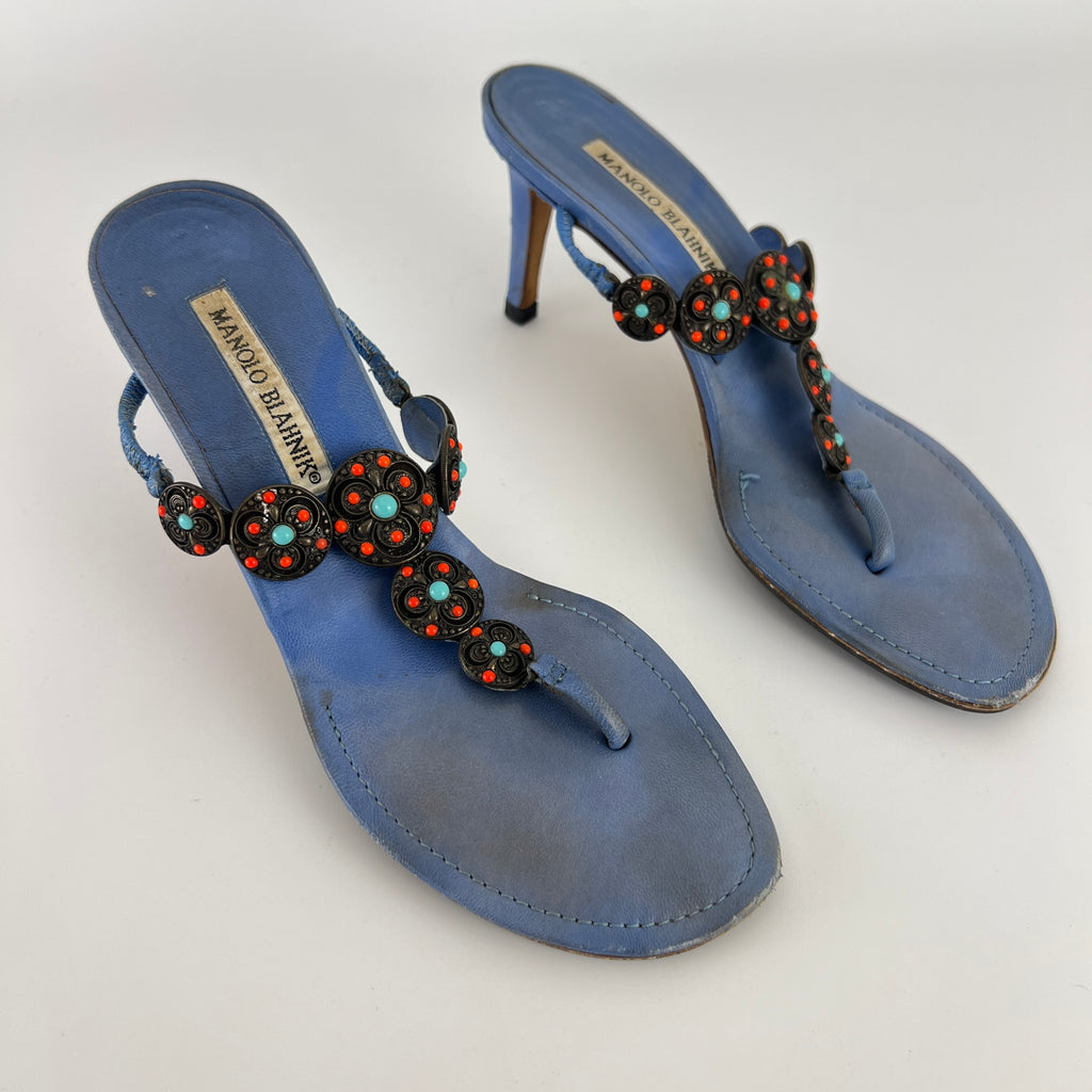 Manolo Blahnik | Blue Thong Turquoise Gem Metal Details Heels (36.5)