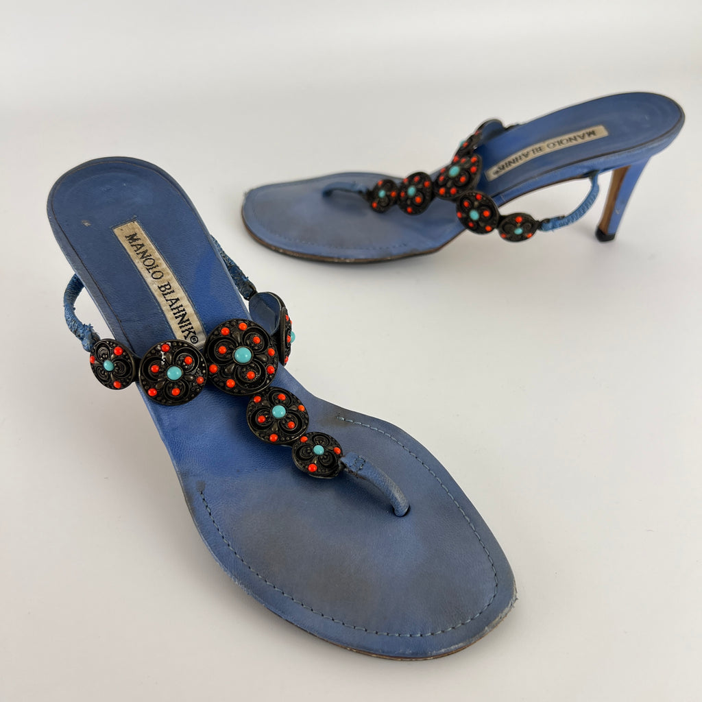 Manolo Blahnik | Blue Thong Turquoise Gem Metal Details Heels (36.5)