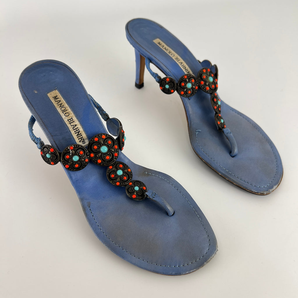 Manolo Blahnik | Blue Thong Turquoise Gem Metal Details Heels (36.5)