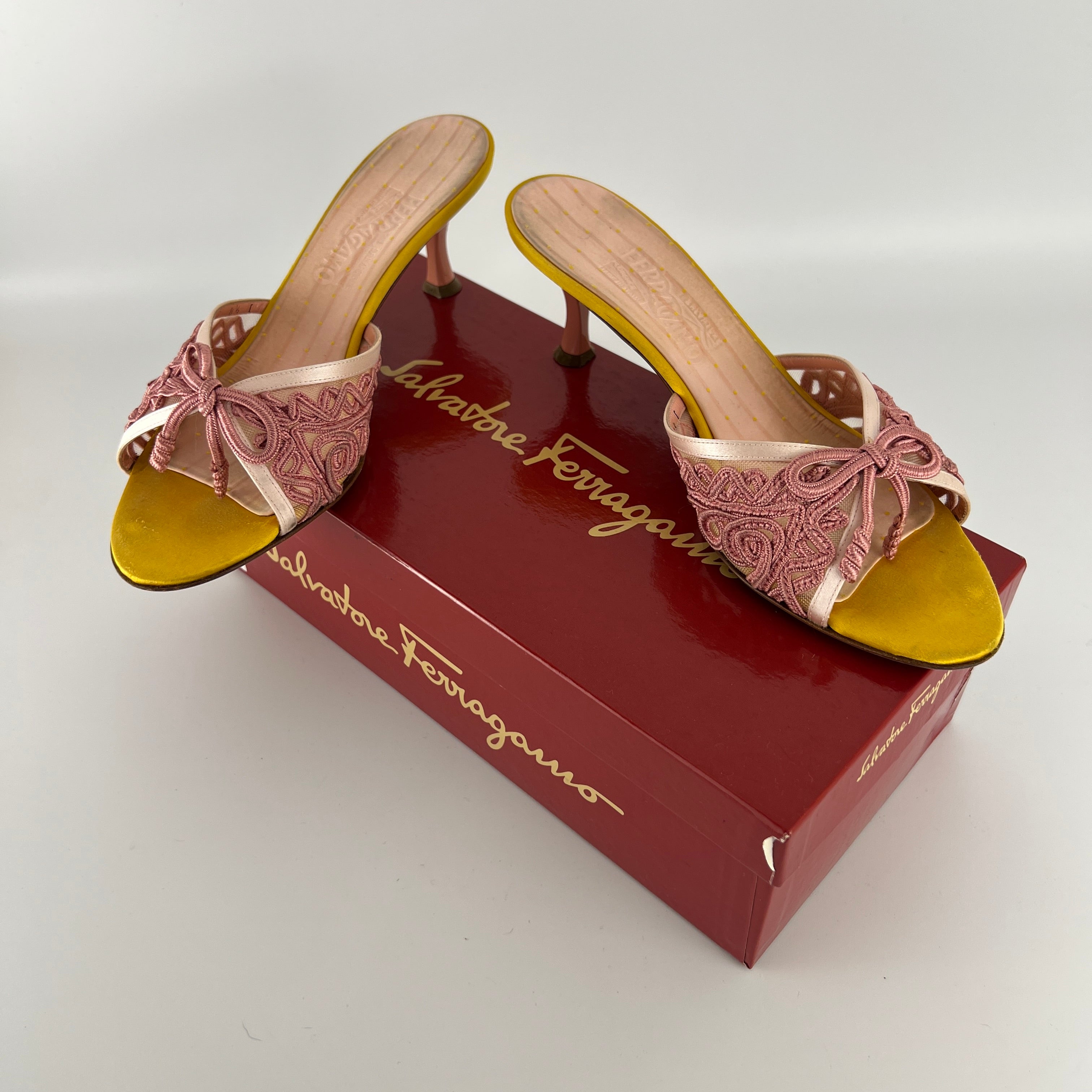 Ferragamo | Pink Ribbon Yellow Satin Polka Dot Insole Mules (38.5)