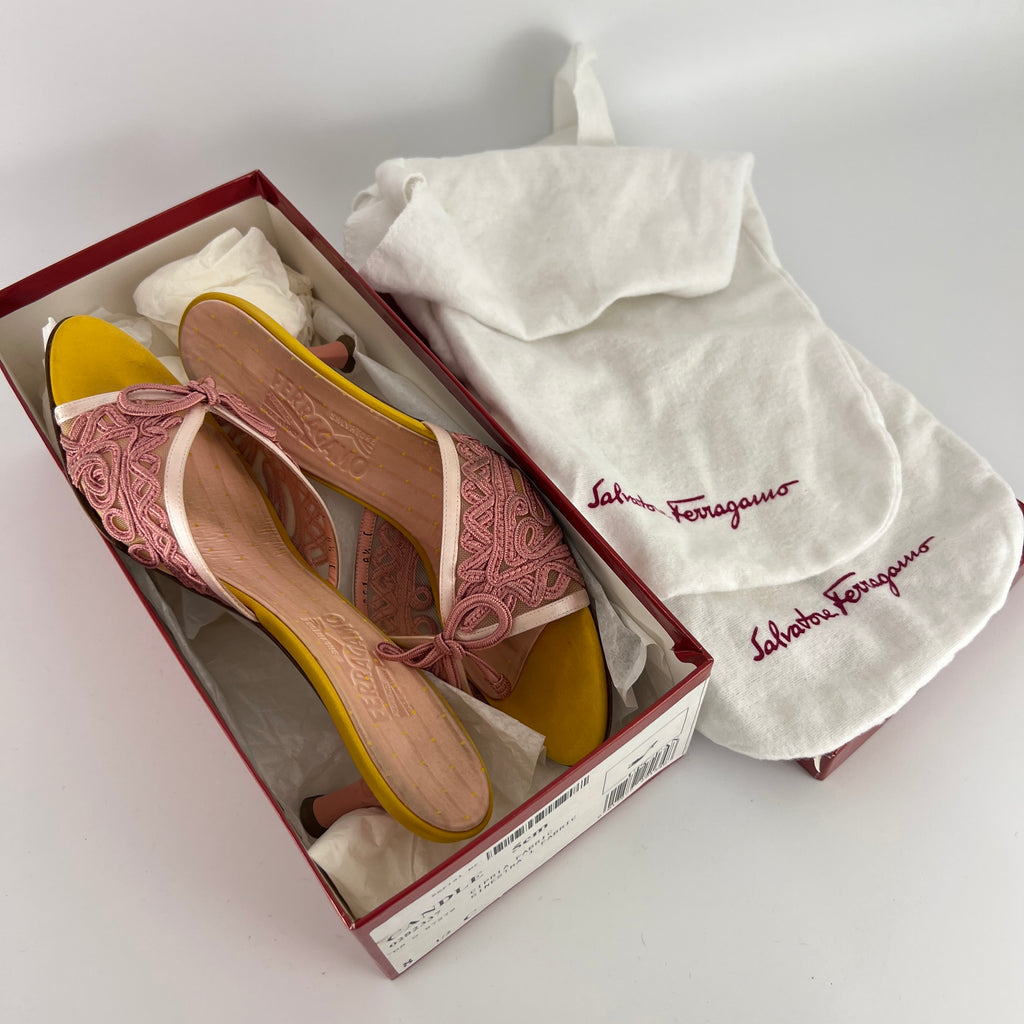 Ferragamo | Pink Ribbon Yellow Satin Polka Dot Insole Mules (38.5)