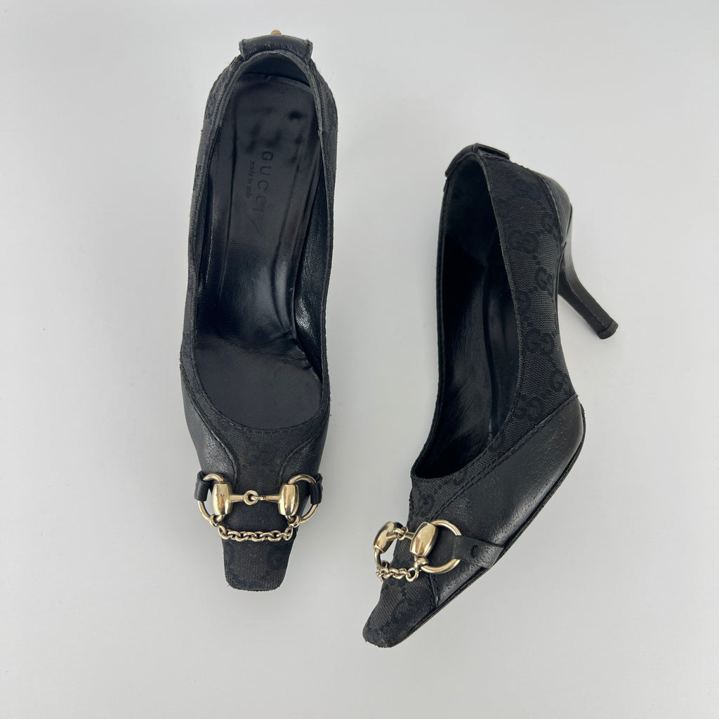 Gucci | Vintage Tom Ford Era Black GG Monogram Canvas Gold Horse Bit Pumps (35)