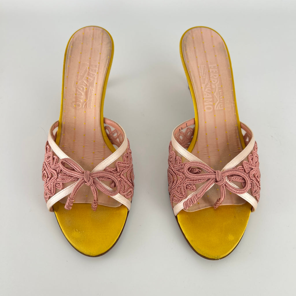 Ferragamo | Pink Ribbon Yellow Satin Polka Dot Insole Mules (38.5)