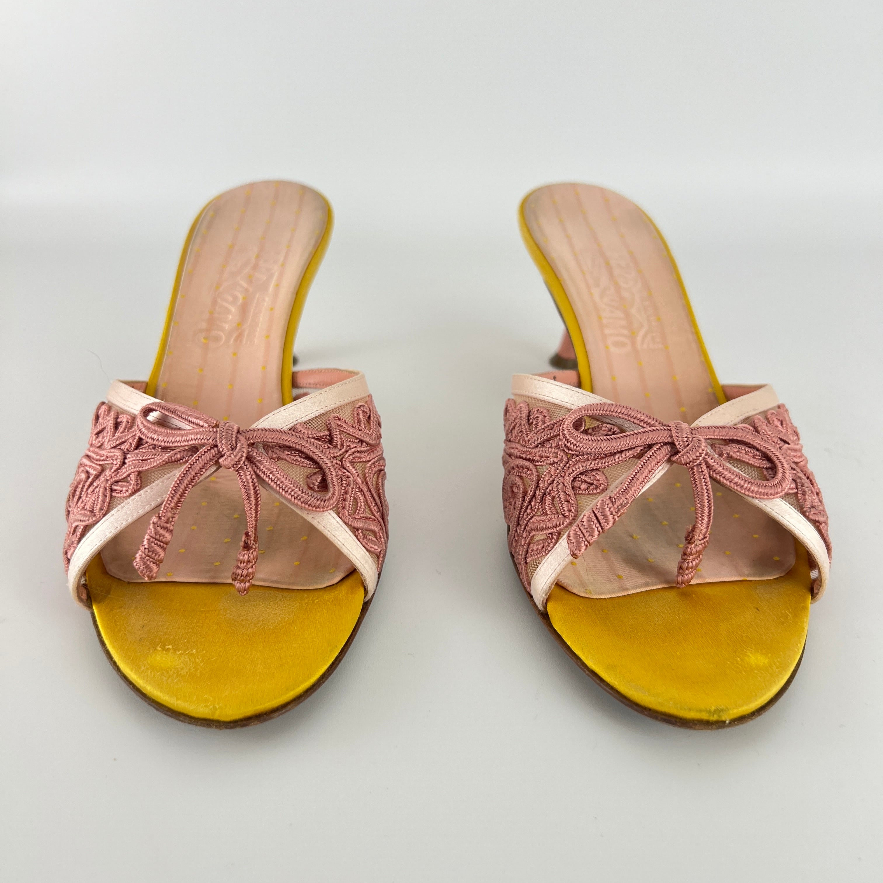 Ferragamo | Pink Ribbon Yellow Satin Polka Dot Insole Mules (38.5)