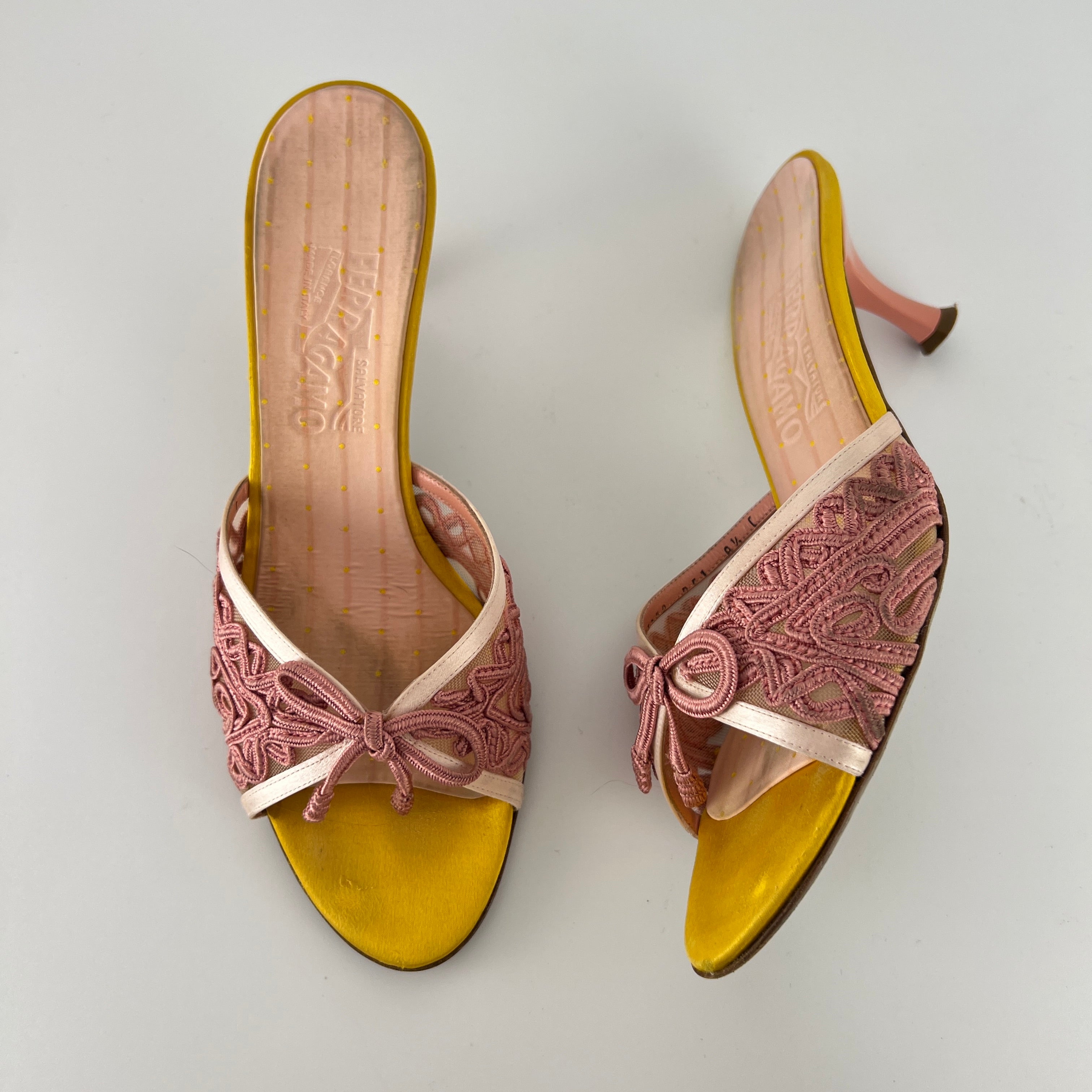 Ferragamo | Pink Ribbon Yellow Satin Polka Dot Insole Mules (38.5)