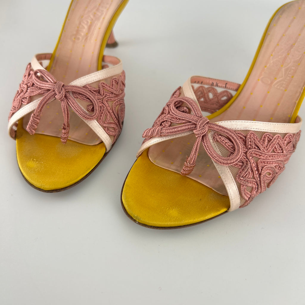 Ferragamo | Pink Ribbon Yellow Satin Polka Dot Insole Mules (38.5)