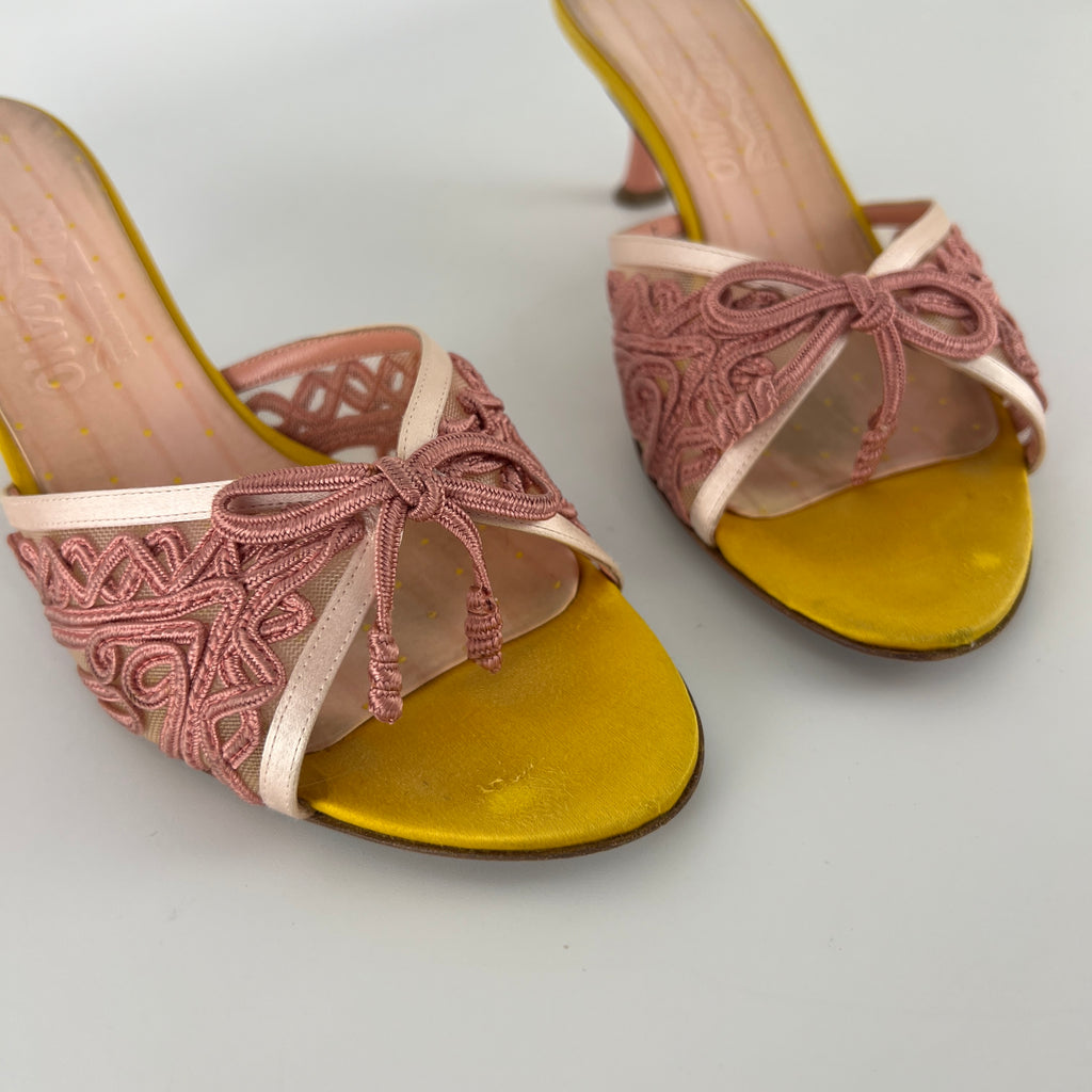 Ferragamo | Pink Ribbon Yellow Satin Polka Dot Insole Mules (38.5)