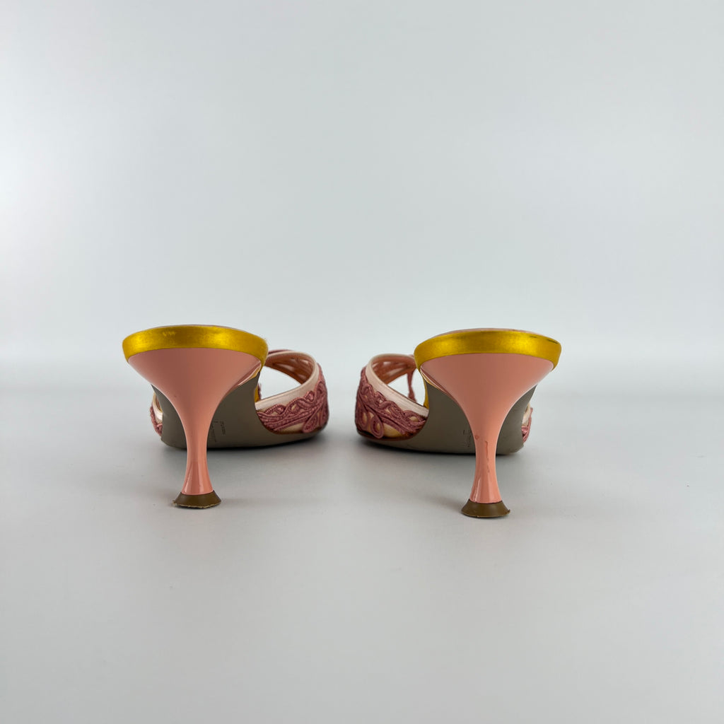 Ferragamo | Pink Ribbon Yellow Satin Polka Dot Insole Mules (38.5)