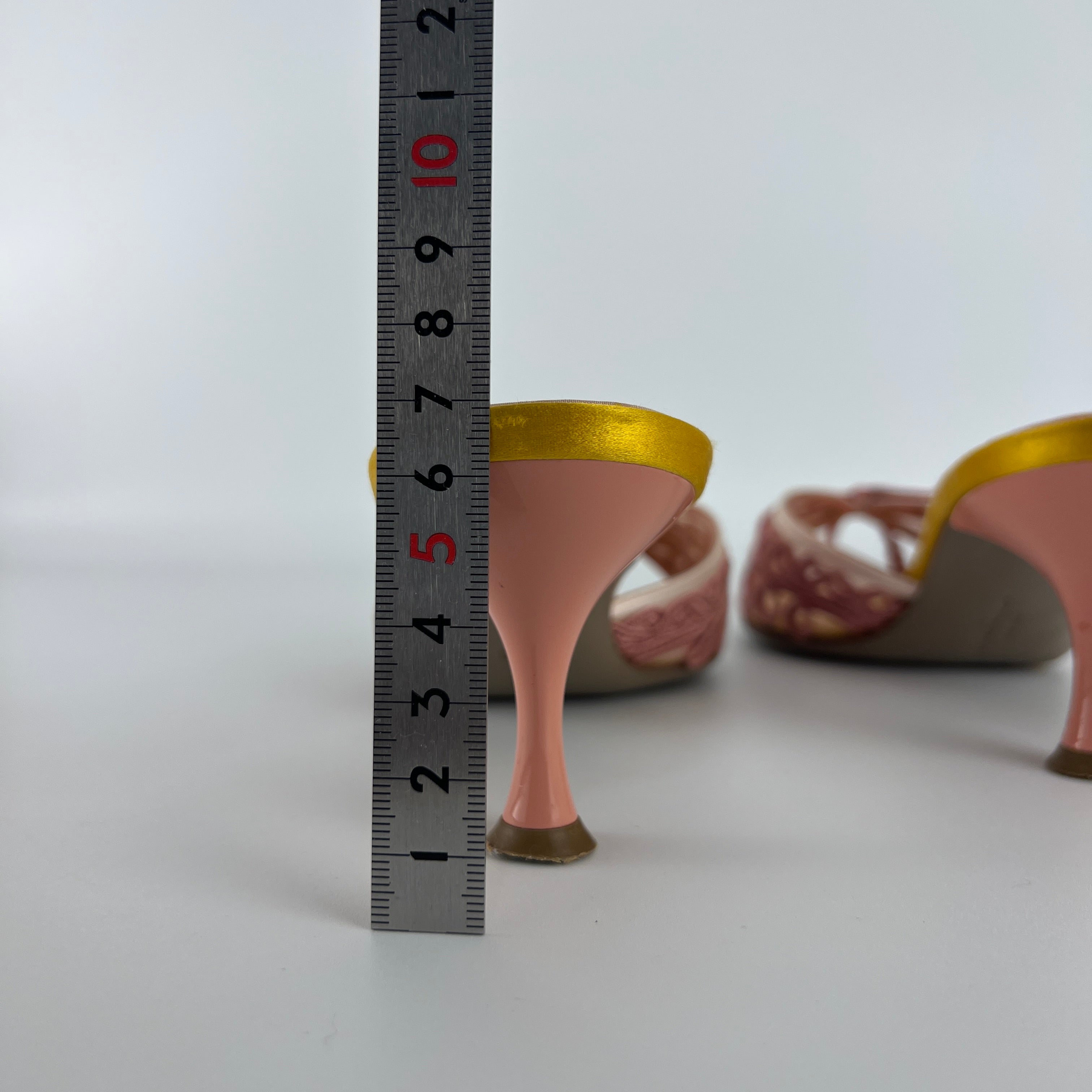 Ferragamo | Pink Ribbon Yellow Satin Polka Dot Insole Mules (38.5)