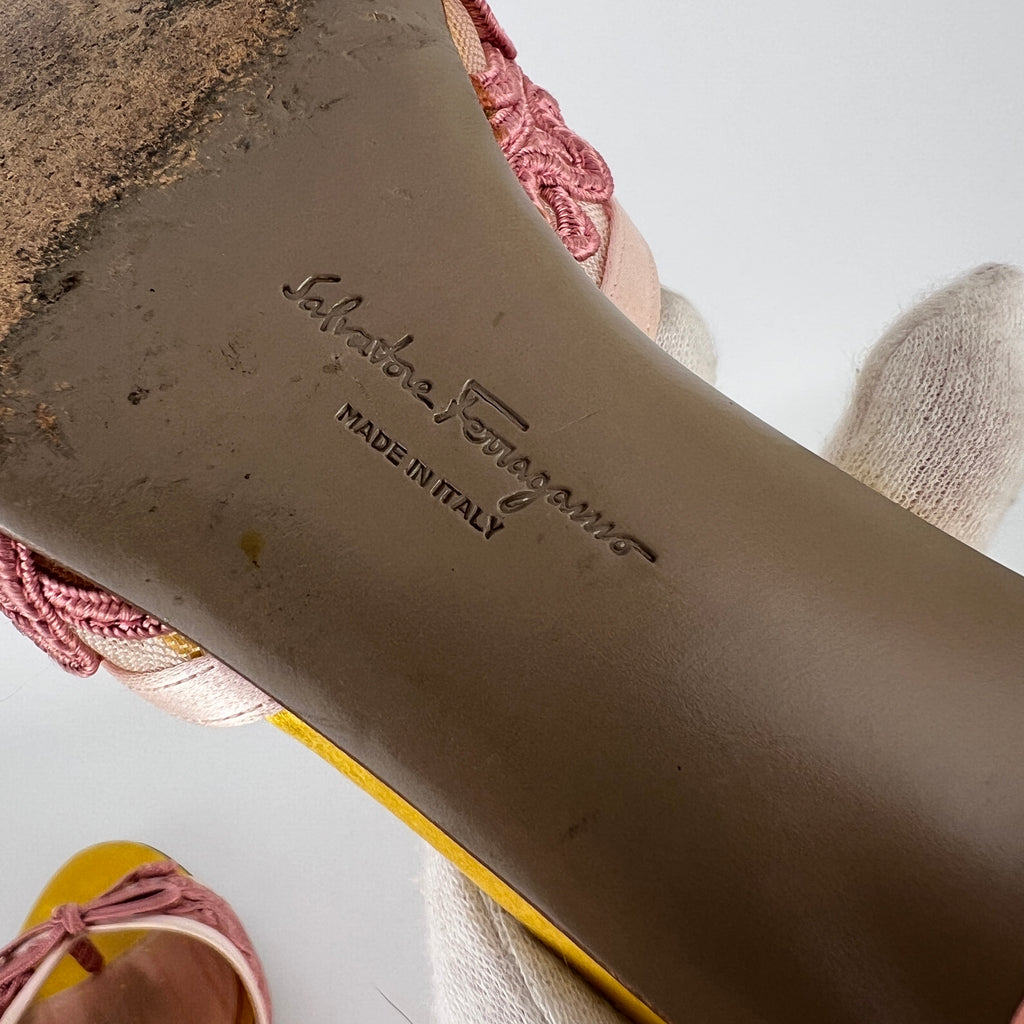 Ferragamo | Pink Ribbon Yellow Satin Polka Dot Insole Mules (38.5)