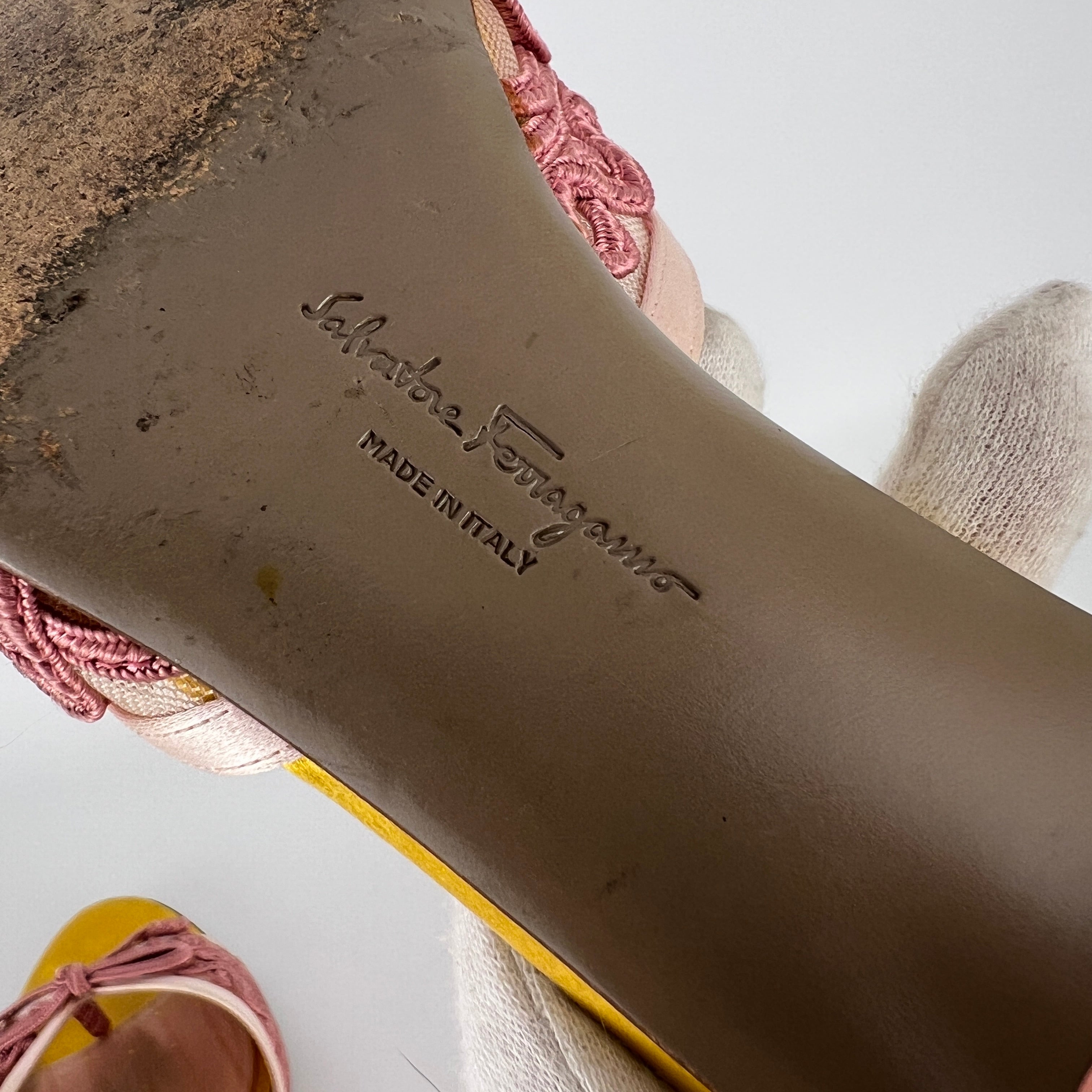 Ferragamo | Pink Ribbon Yellow Satin Polka Dot Insole Mules (38.5)